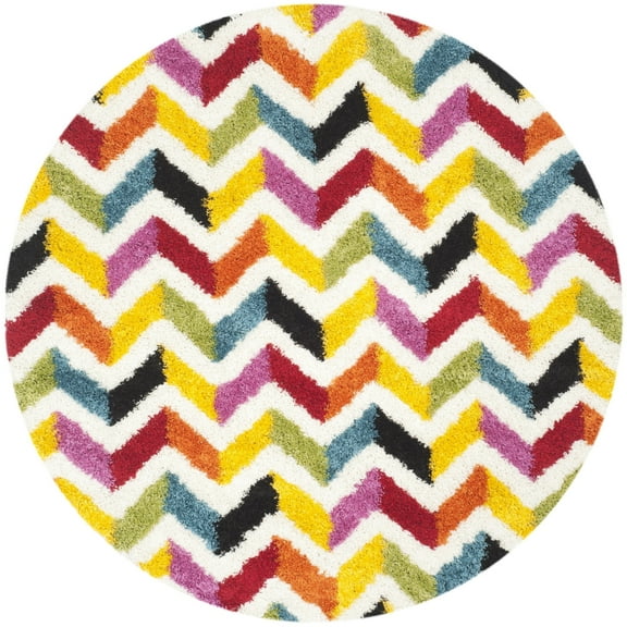 SAFAVIEH Aletha Colorful Chevron Kids Shag Area Rug, Ivory/Multi, 6'7" x 6'7" Round