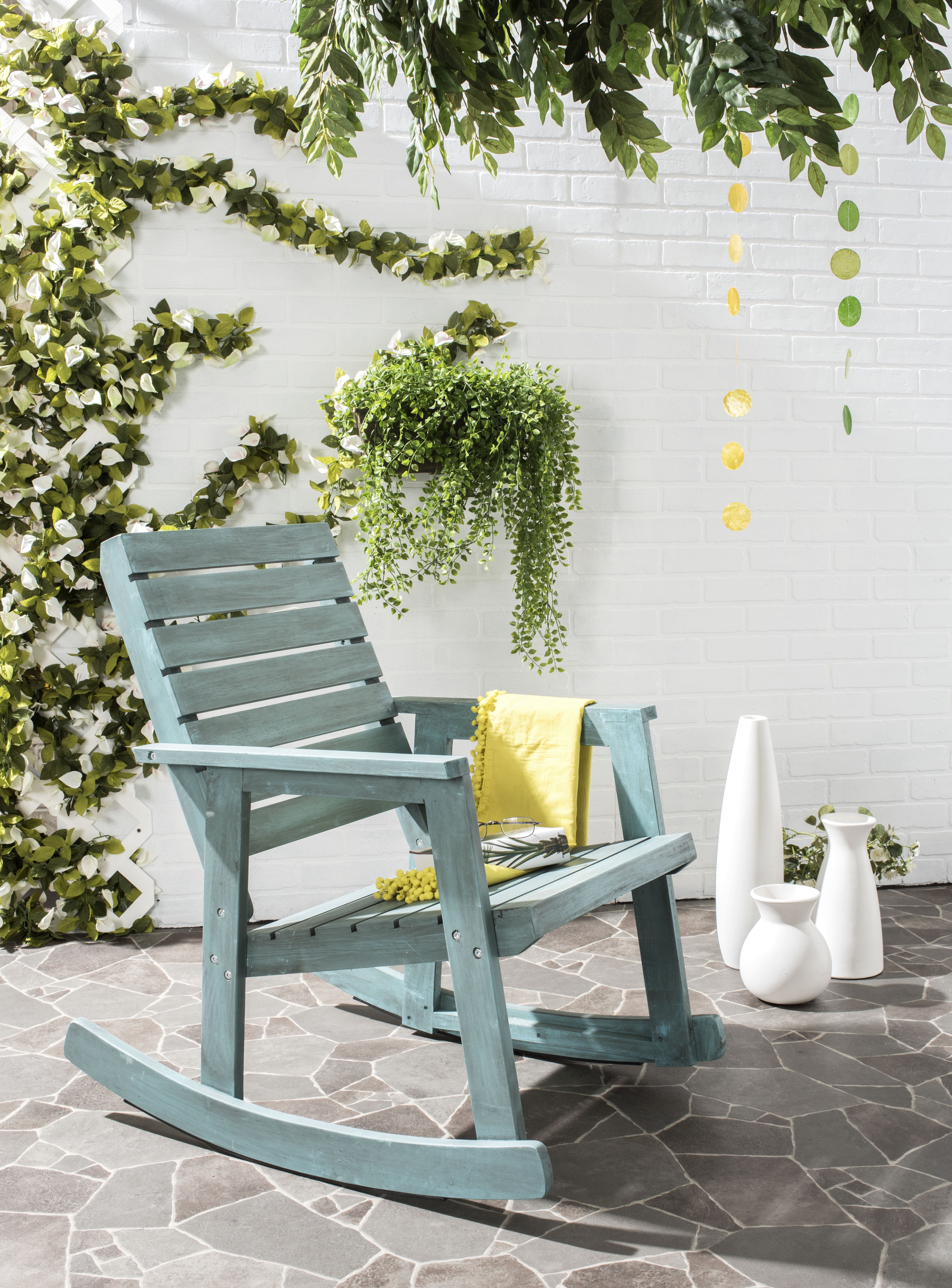 Coastal Blue Acacia Wood Rocking Chair with Arms