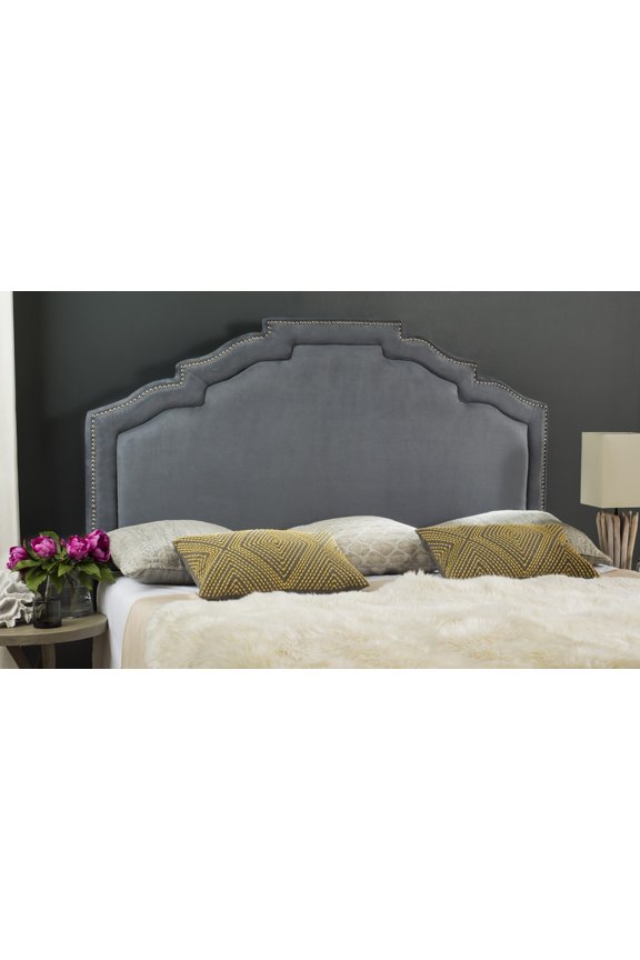 Alexia Modern Glam Upholstered Headboard with Nail Heads, Queen, Grey Polyester
