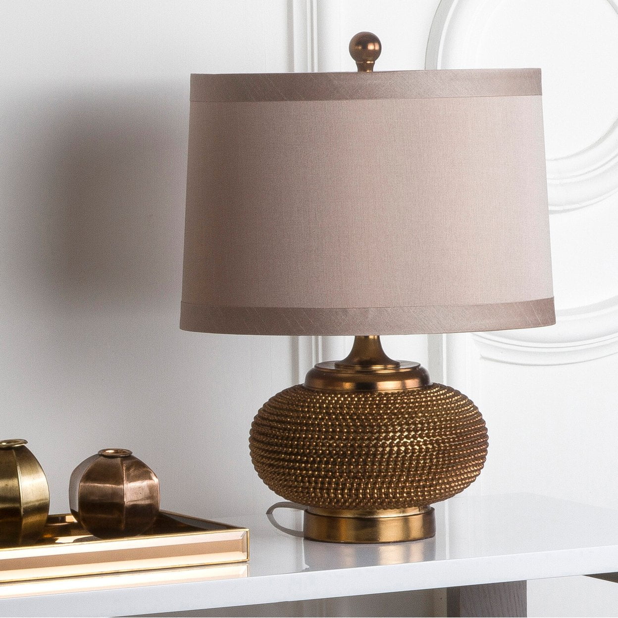 Alexis Copper Beaded Table Lamp Set with Taupe Shades
