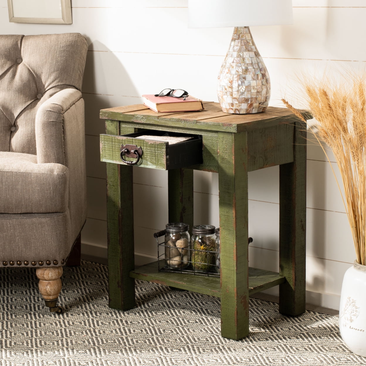 Antique Green Fir Wood Accent Table with Storage