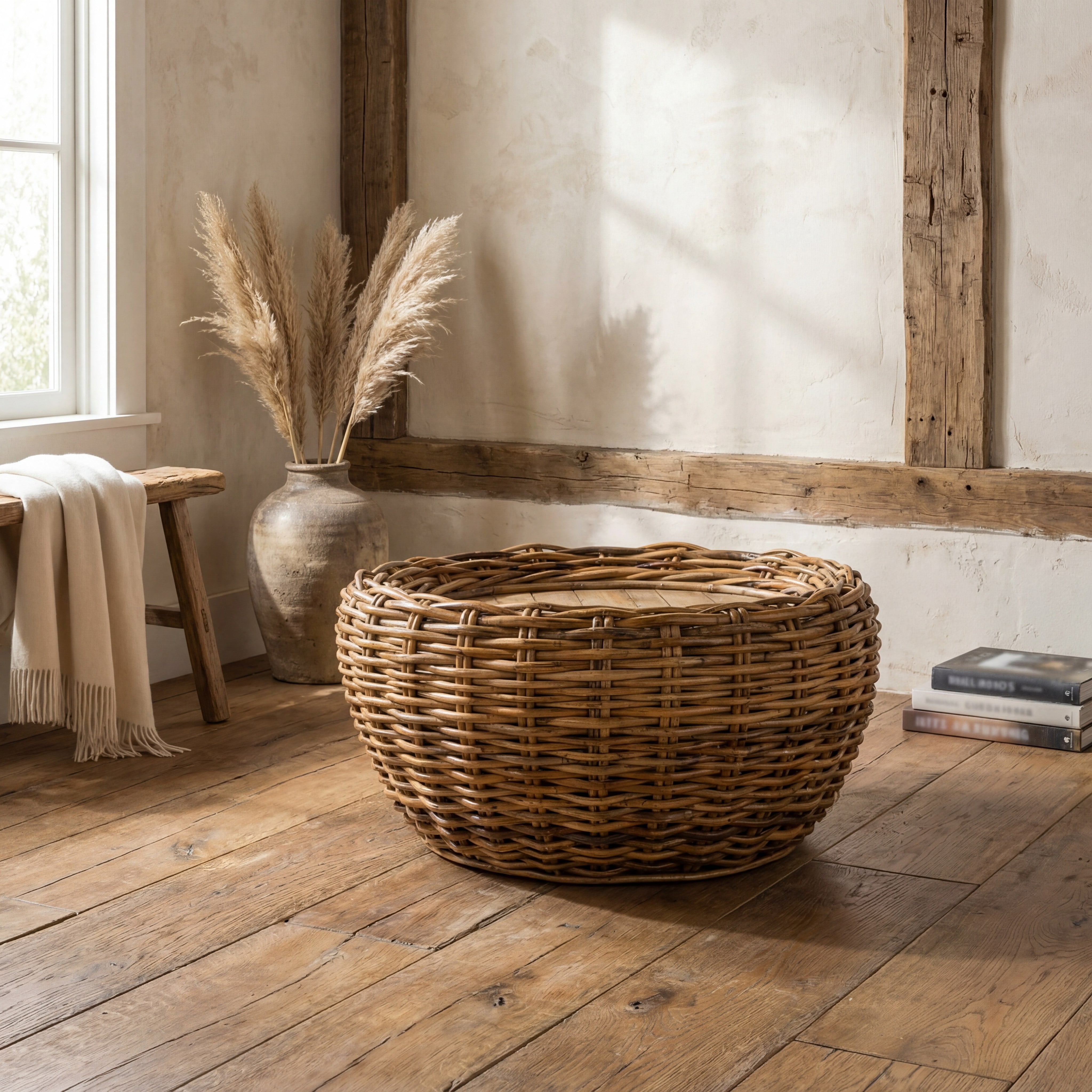 SAFAVIEH Alley Wood Top Round Wicker Coffee Table, Natural Brown