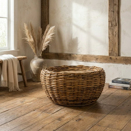 SAFAVIEH Alley Wood Top Round Wicker Coffee Table, Natural Brown