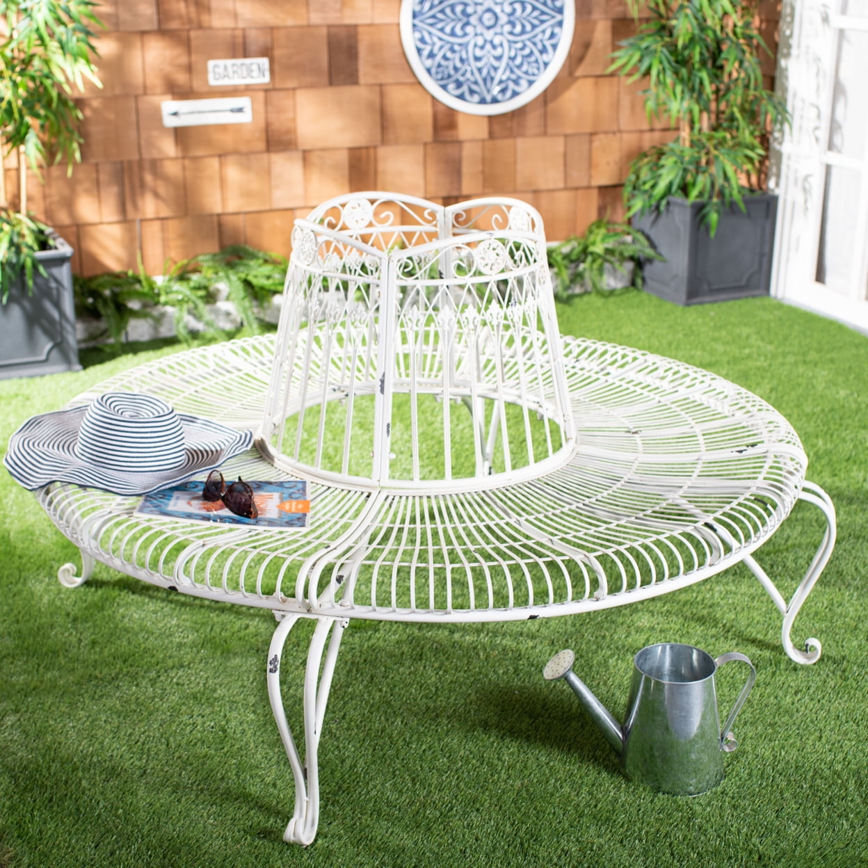 Free Shipping SAFAVIEH Ally Darling Outdoor Patio Wrought Iron Tree Bench Antique White Walmart