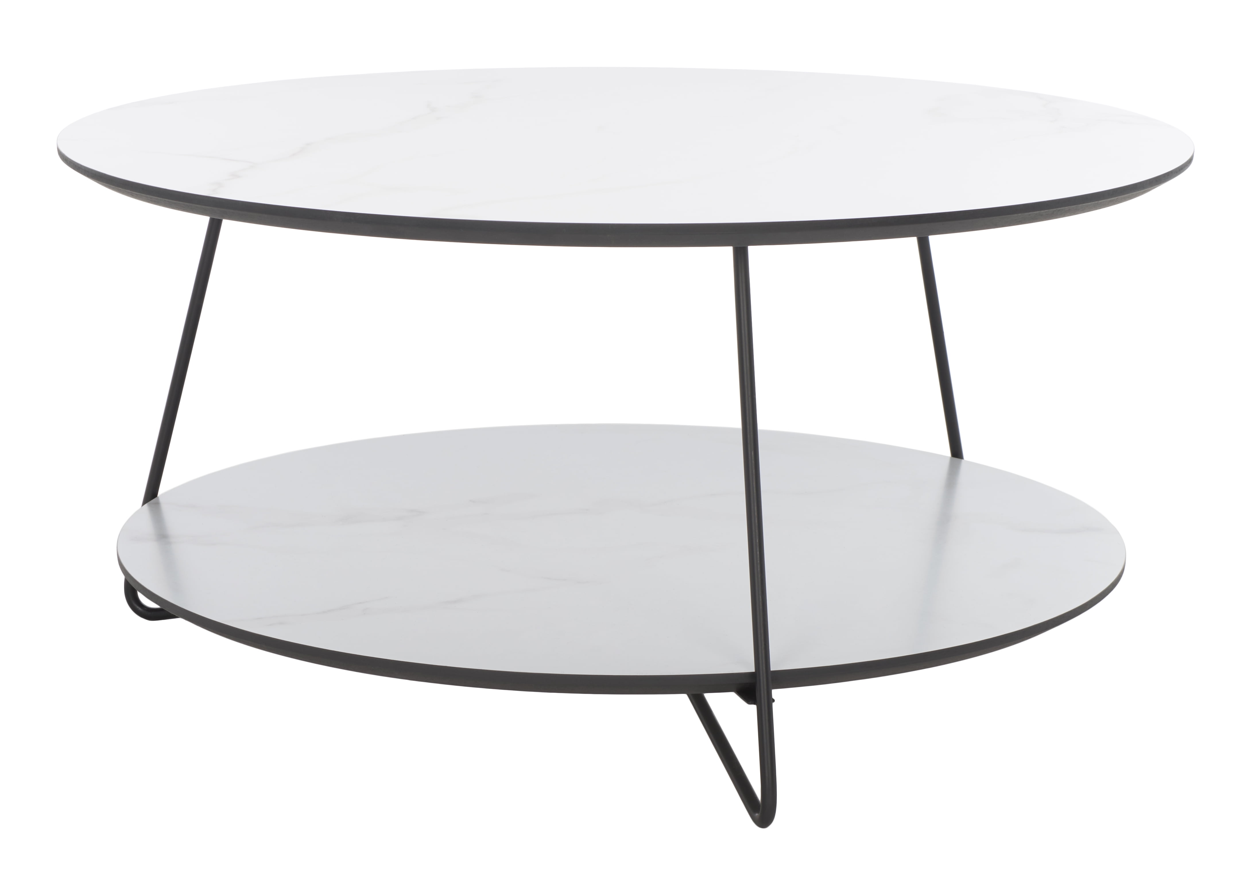 White Faux Marble Round Cocktail Table with Black Hairpin Legs
