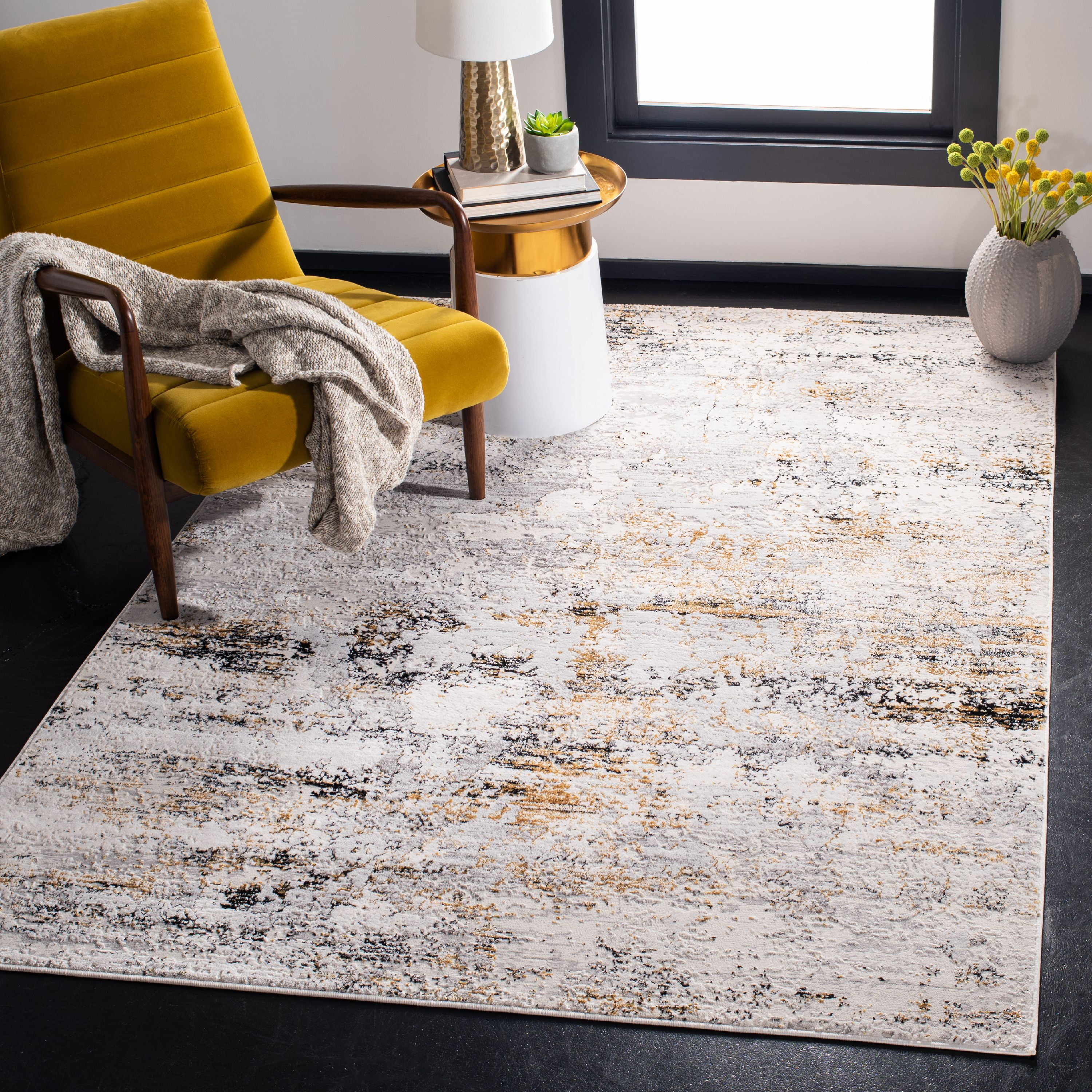 Modern Abstract Gray and Gold Rug Polyester Rectangle 5' x 7' Living Room  Area Rug