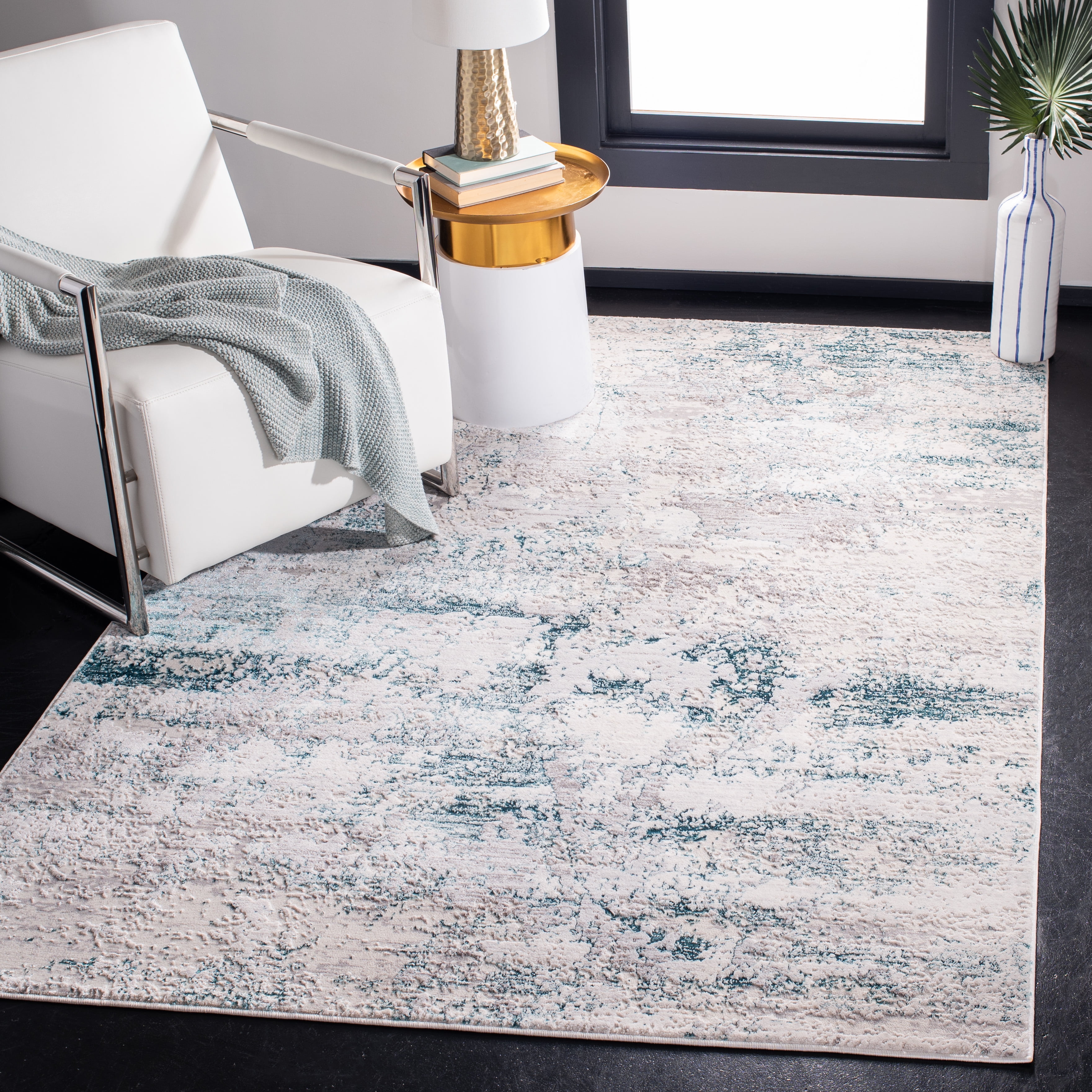 Cream and Turquoise Abstract Rectangular Area Rug 5'3" x 7'6"