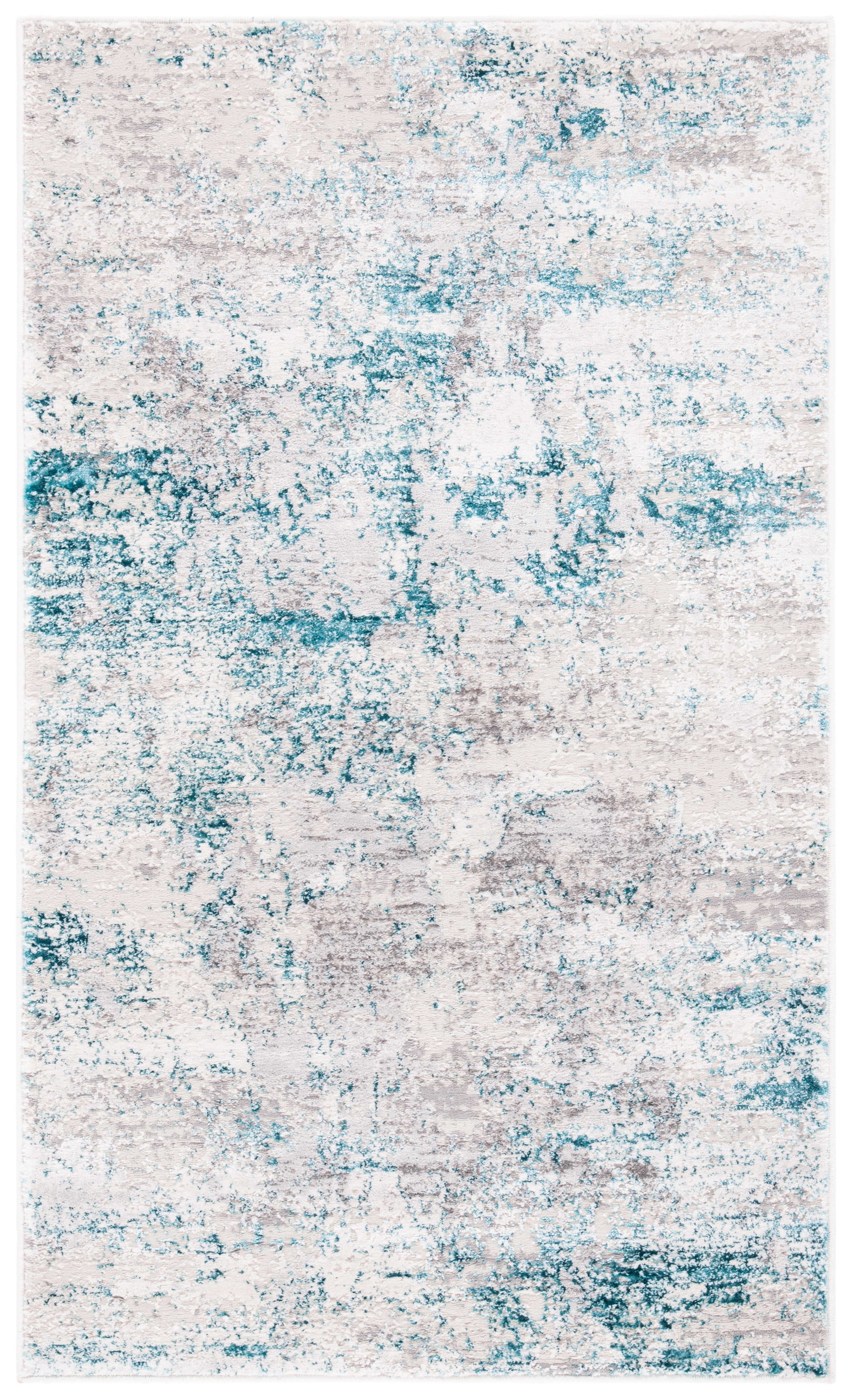 Cream and Turquoise Abstract Wool and Synthetic Area Rug, 3' x 5'