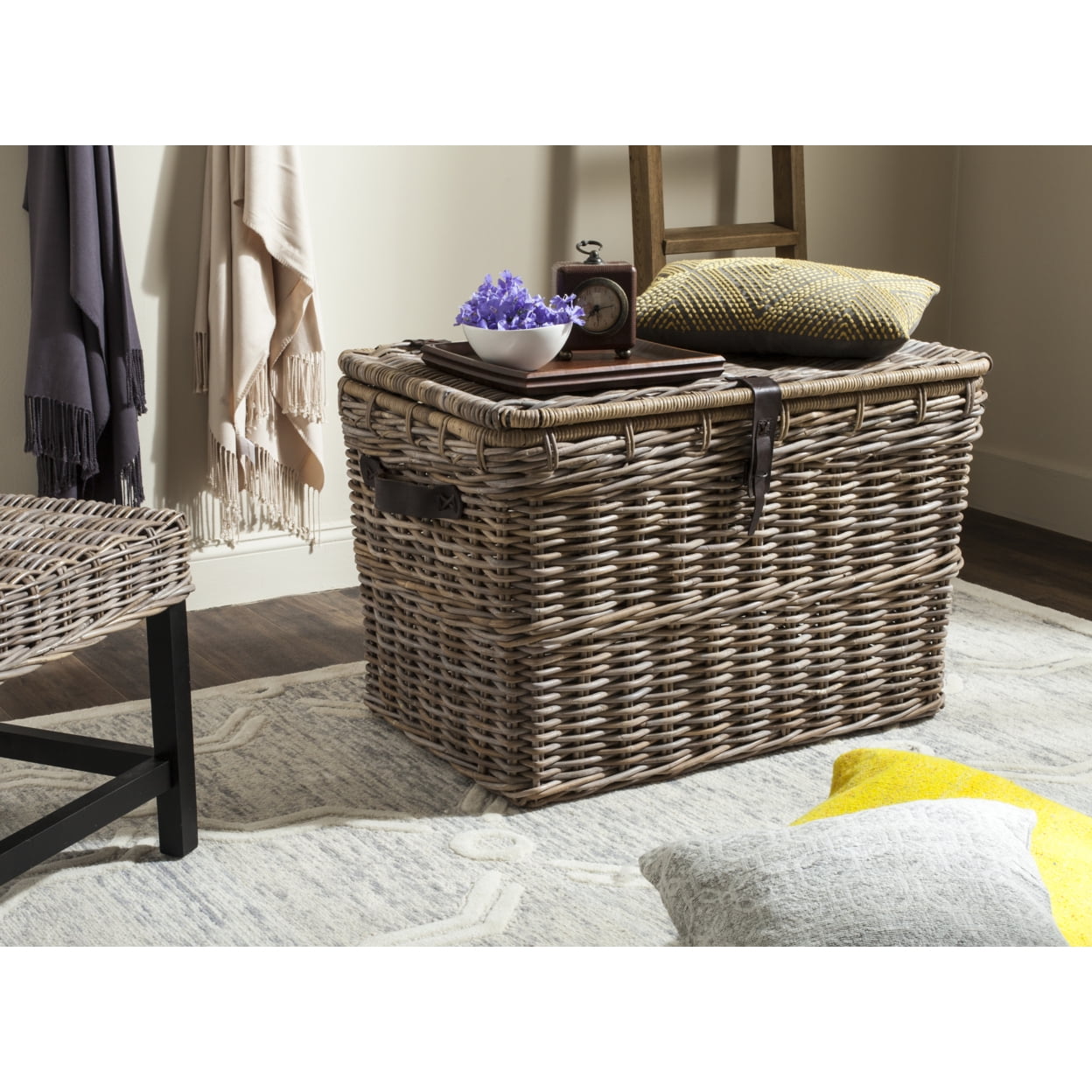 Gray Woven Kubu Rattan Trunk Organizer with Faux Leather Straps