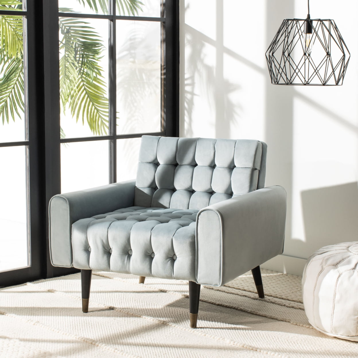 Slate Blue Velvet Tufted Accent Chair with Vintage Black Legs