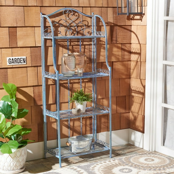 SAFAVIEH Amaris Outdoor Wrought Iron 4 Tier Bakers Rack, Antique Blue