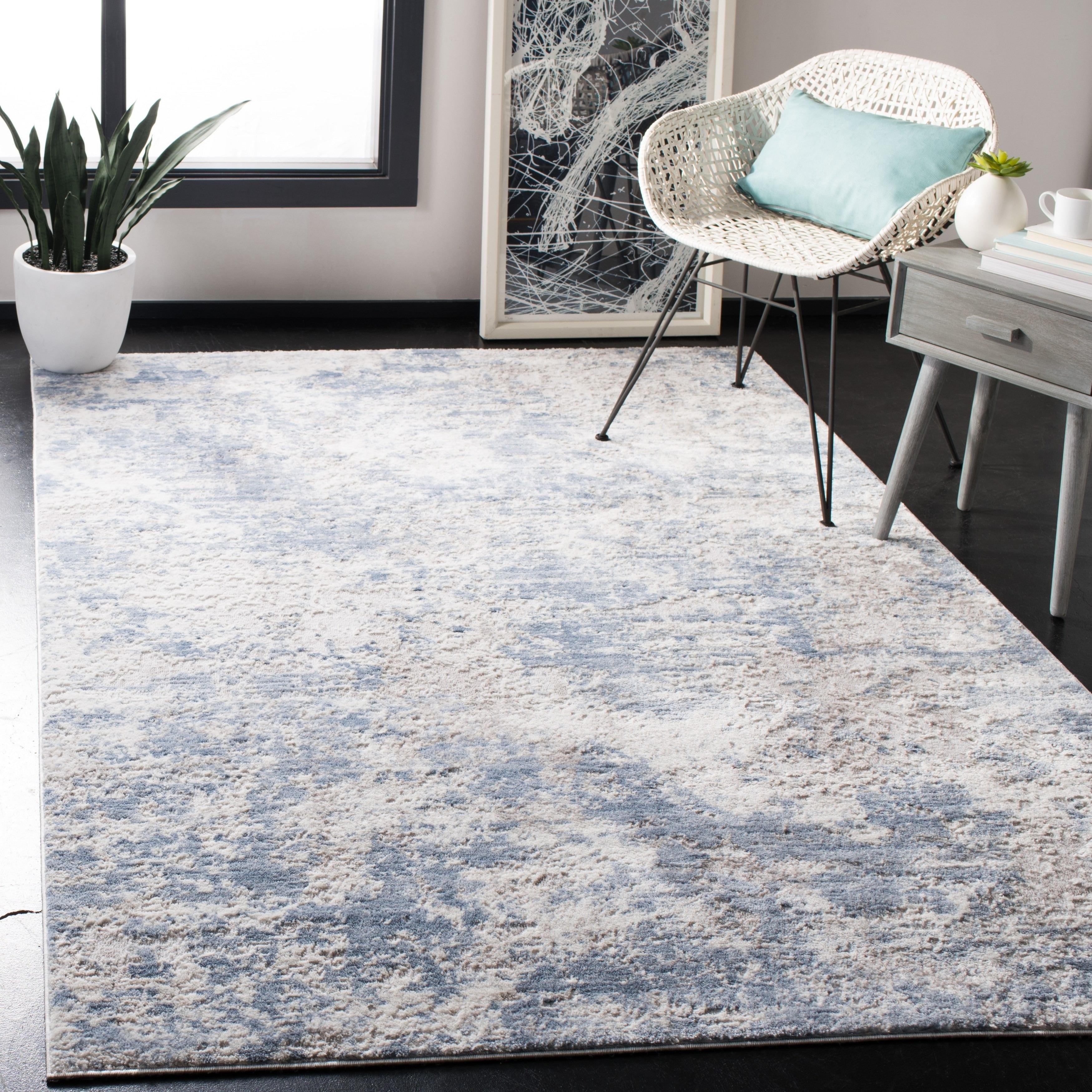 Grey and Blue Abstract 4' x 6' Stain-Resistant Synthetic Area Rug