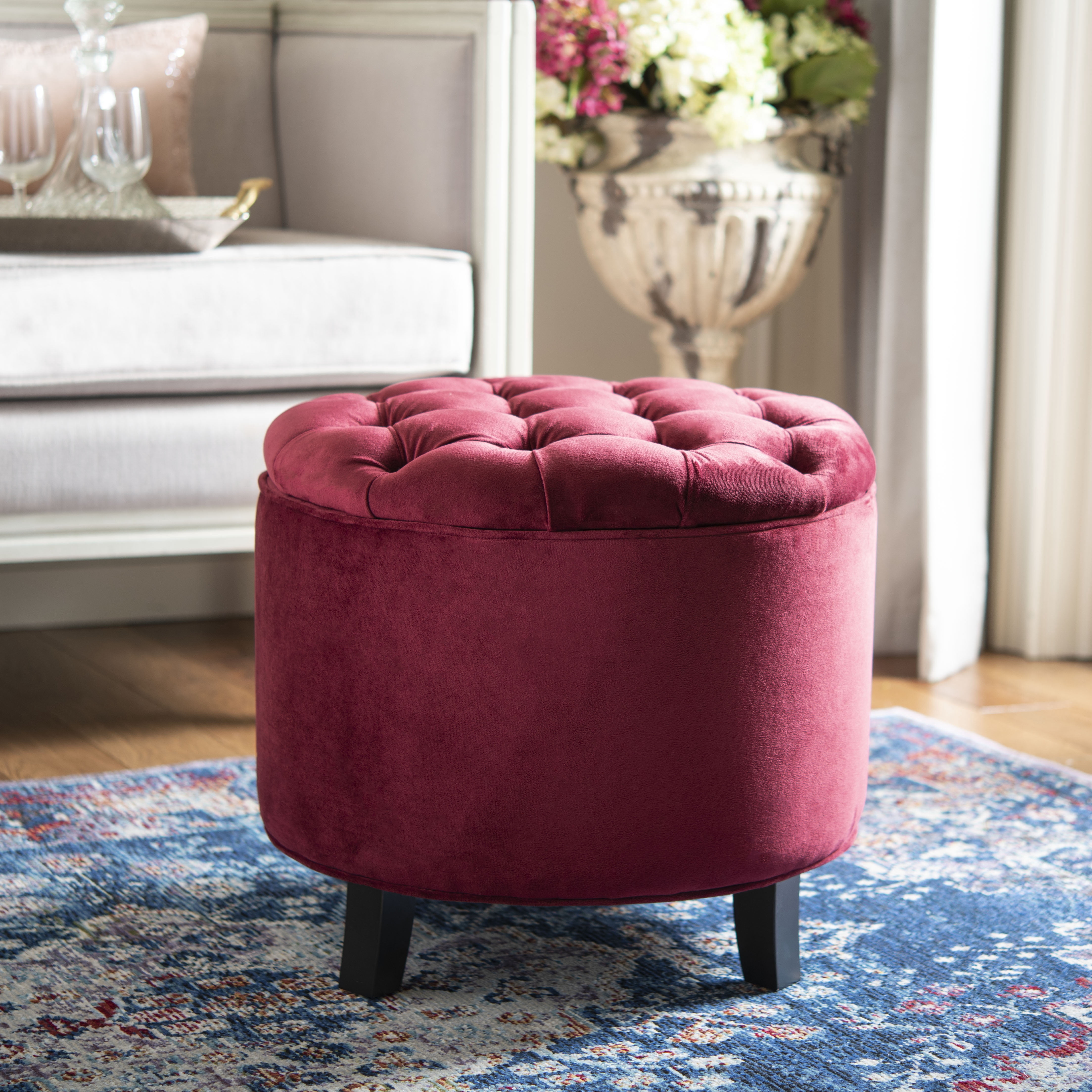 SAFAVIEH Amelia Contemporary Glam Tufted Storage Ottoman, Red Velvet