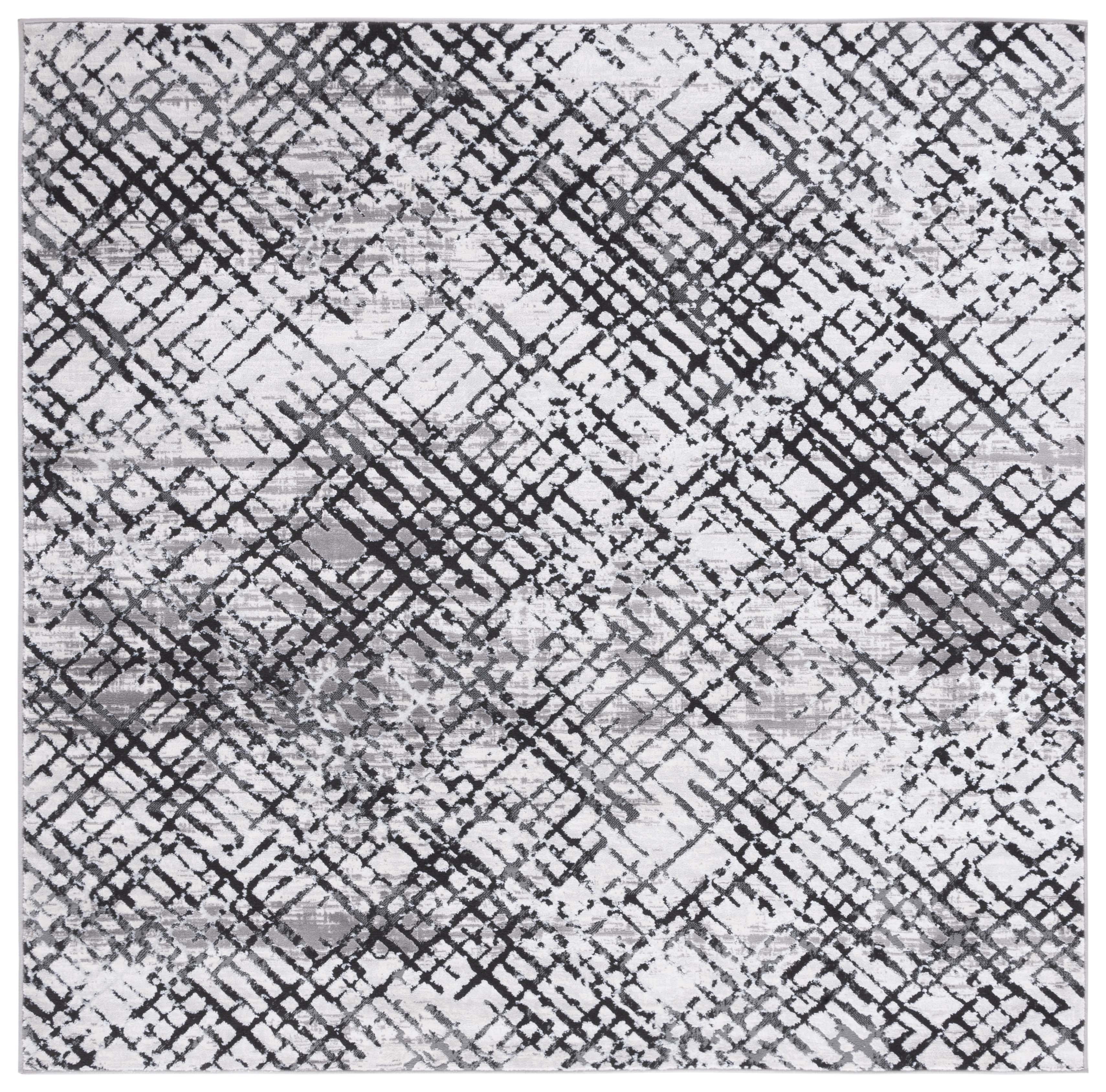 Contemporary Gray and Black Hand-Knotted Square Area Rug