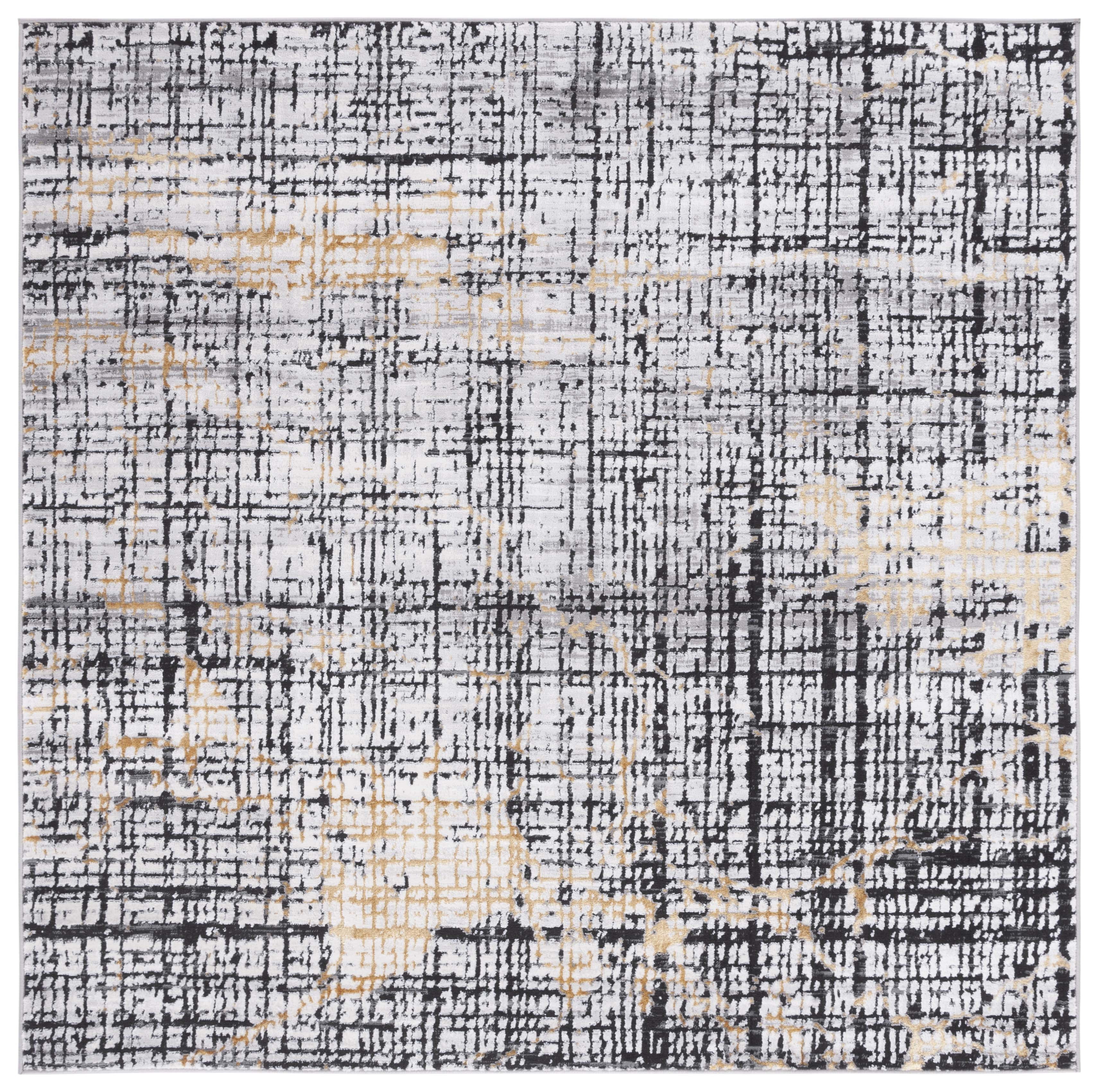 Charcoal and Gold Abstract Square Synthetic Area Rug