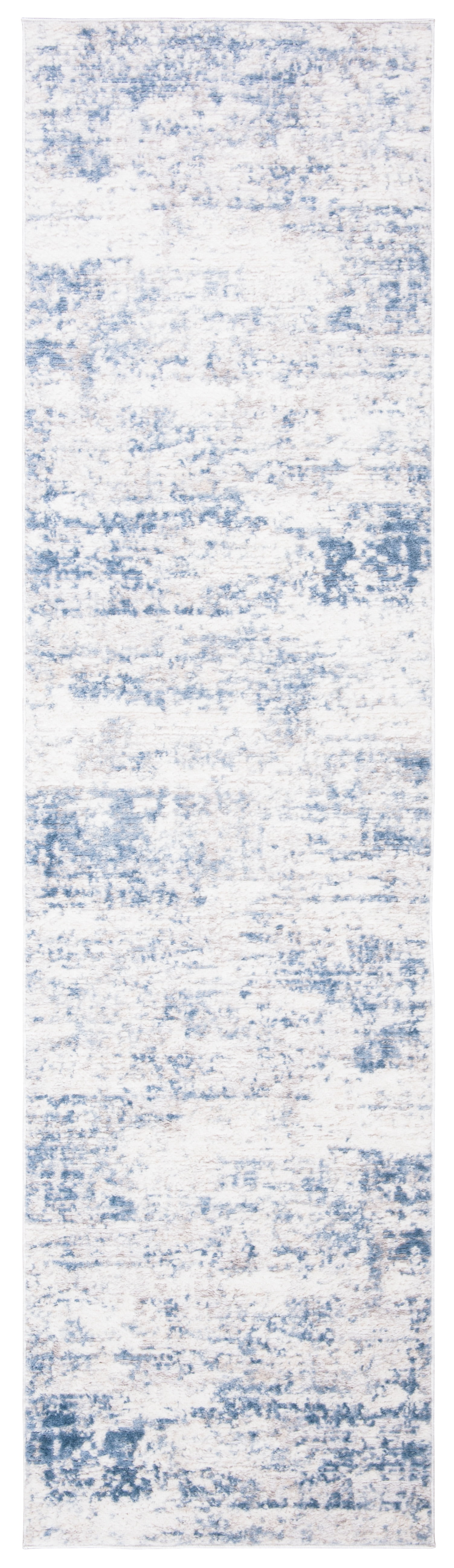 Ivory and Blue Abstract Hand-knotted Synthetic Runner Rug