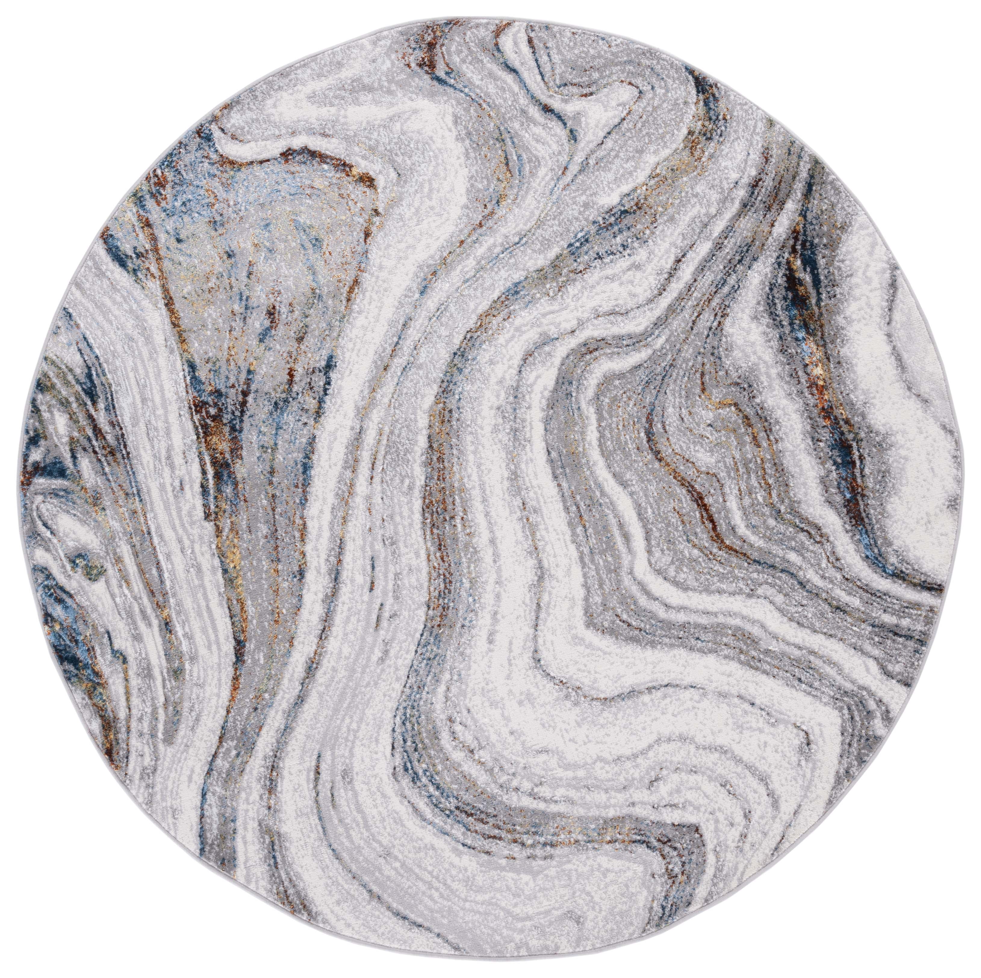 Amelia 6'7" Round Grey Blue Gold Abstract Synthetic Rug