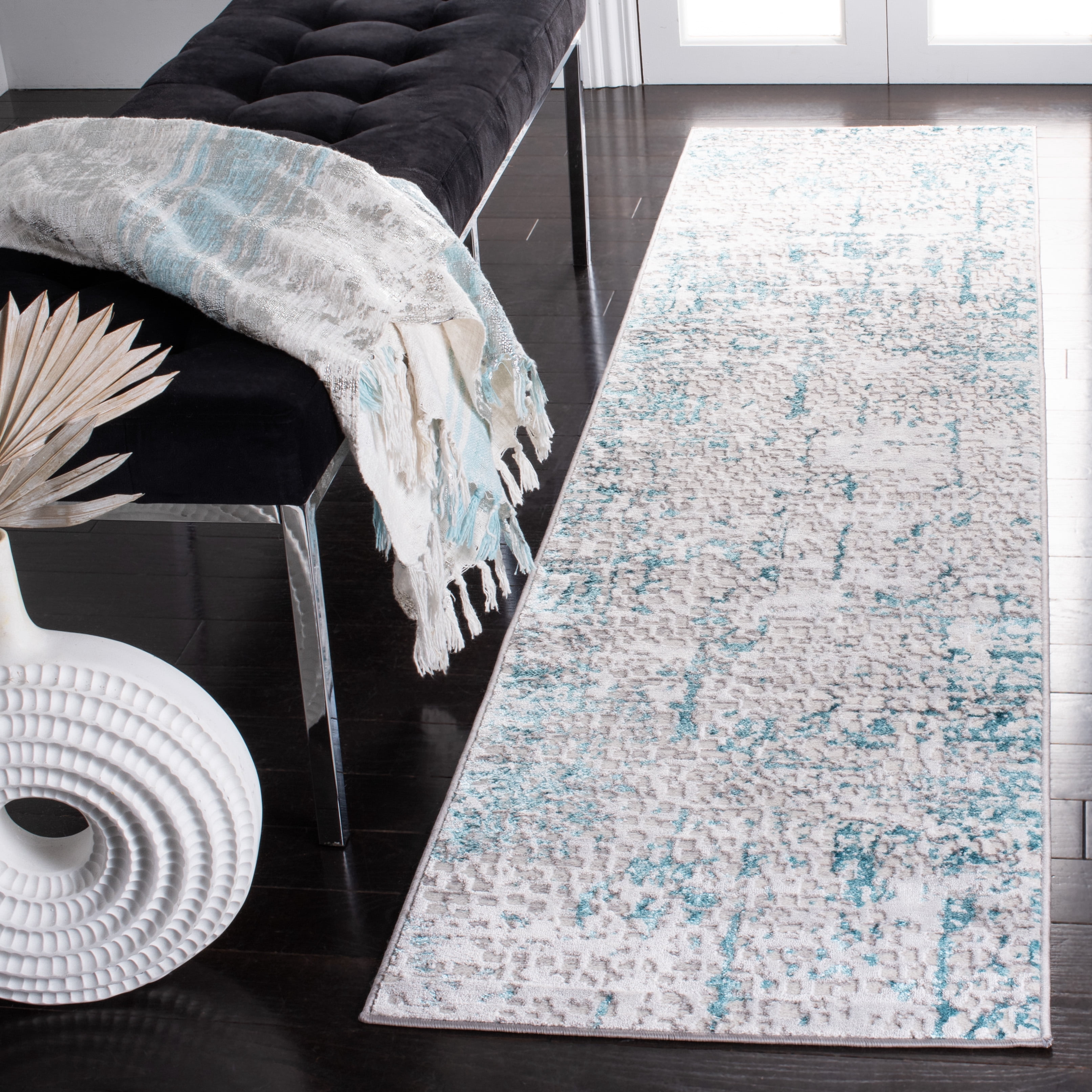 SAFAVIEH Amelia Jimmy Dot-Print Runner Rug, Gray/Turquoise, 2' x 8'