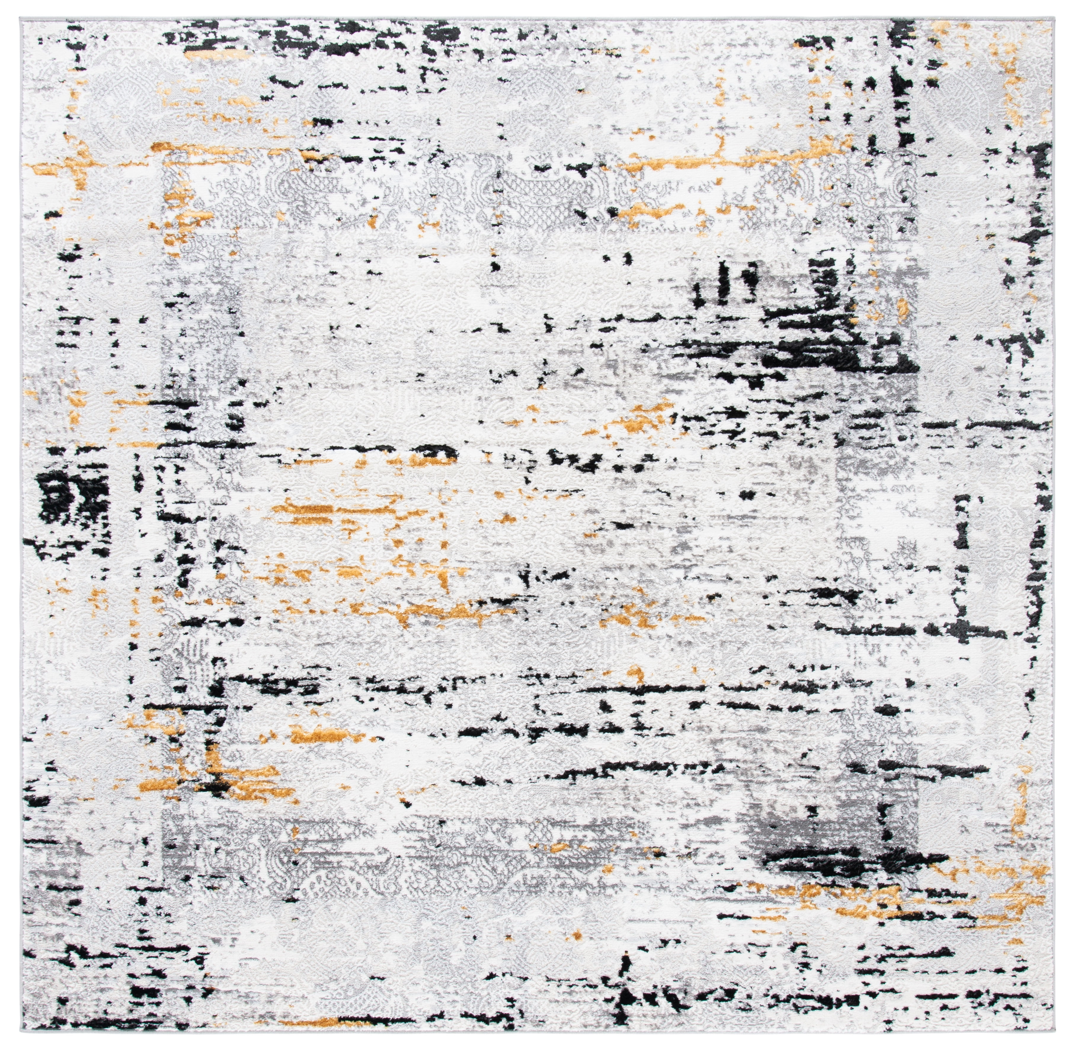 Grey and Gold Abstract Synthetic Square Area Rug, 3' x 3'