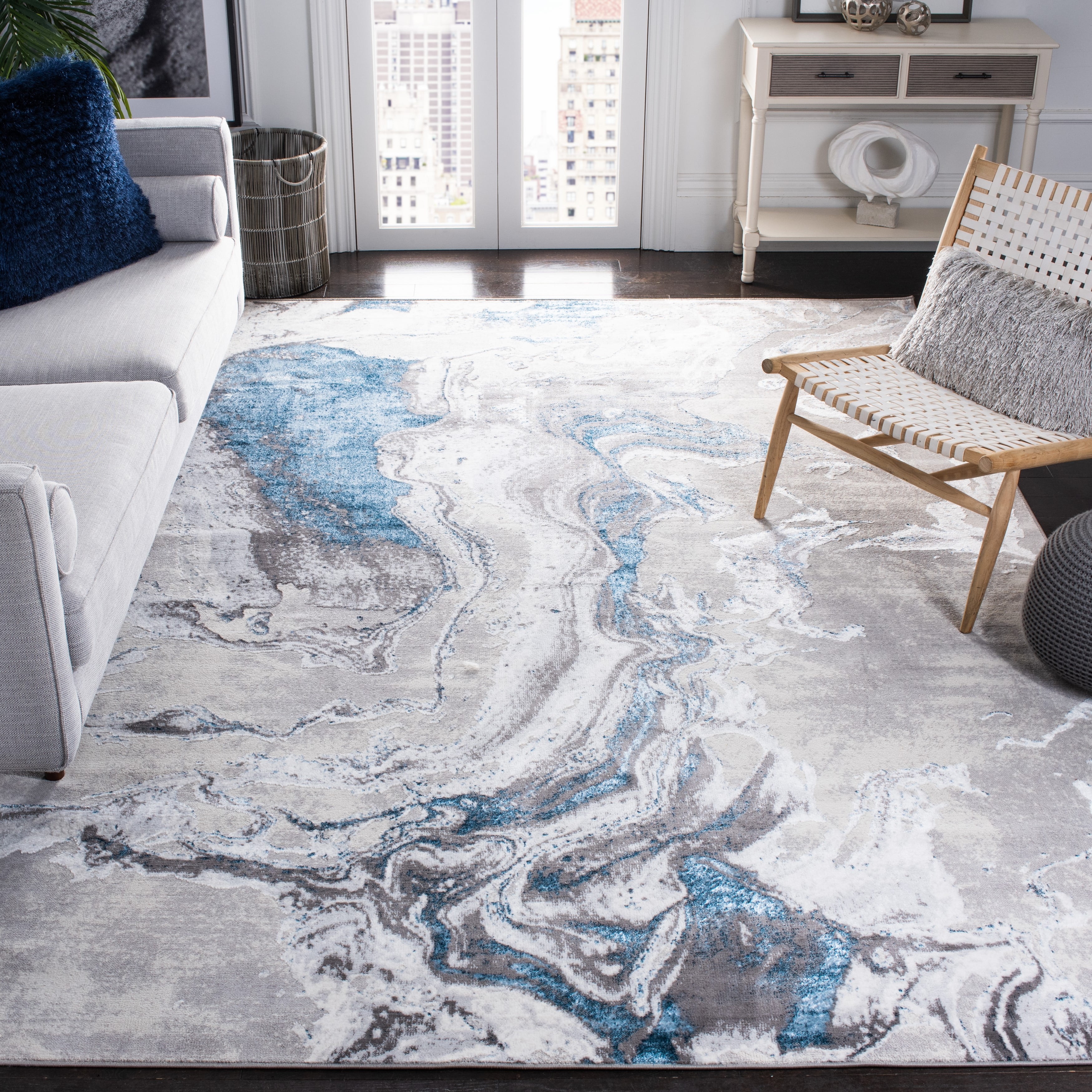 Elysian Grey-Blue Abstract 9' x 12' Hand-Knotted Synthetic Rug