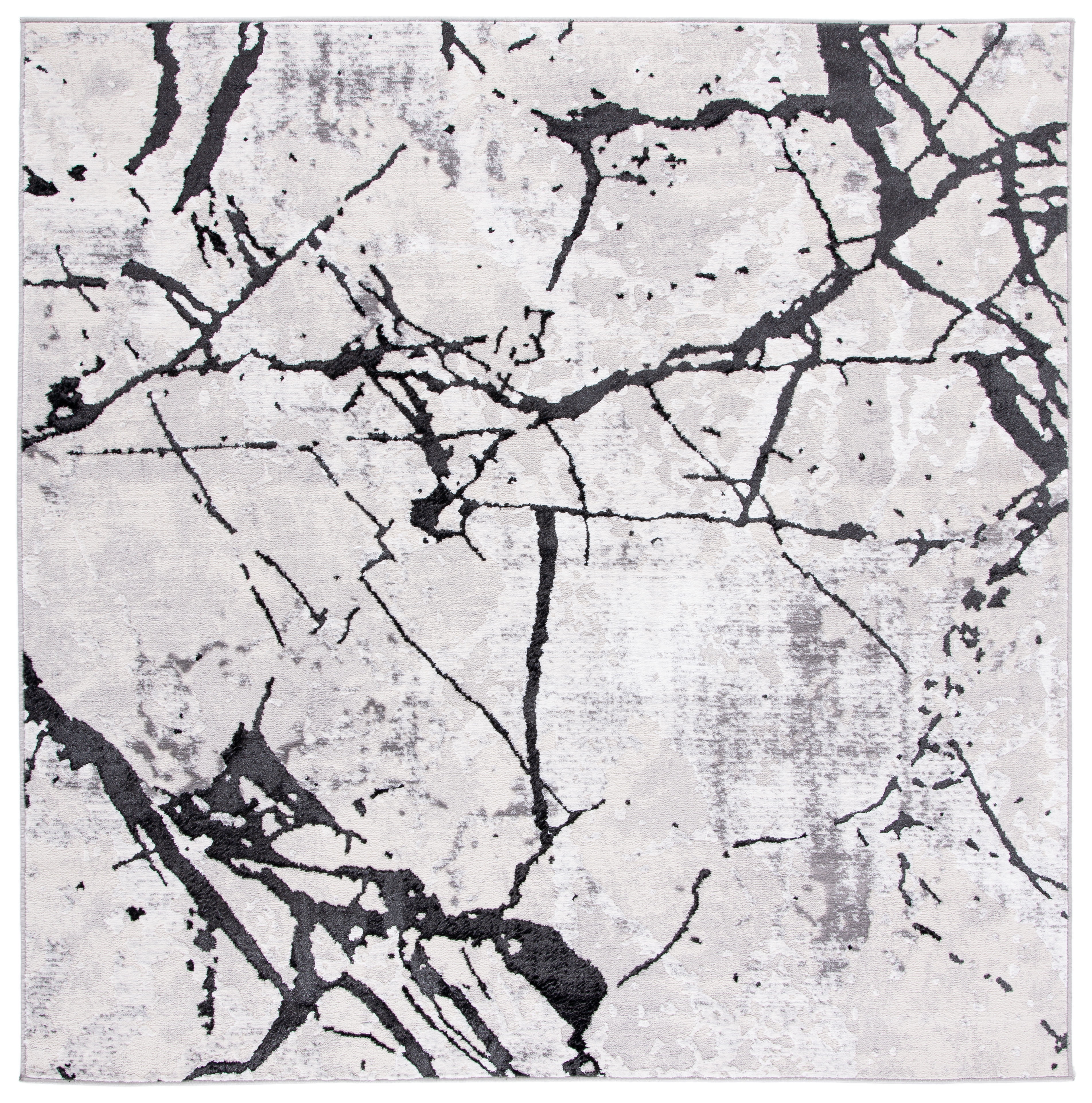 Amelia Abstract Square Area Rug in Grey and Black, Hand-Knotted Synthetic