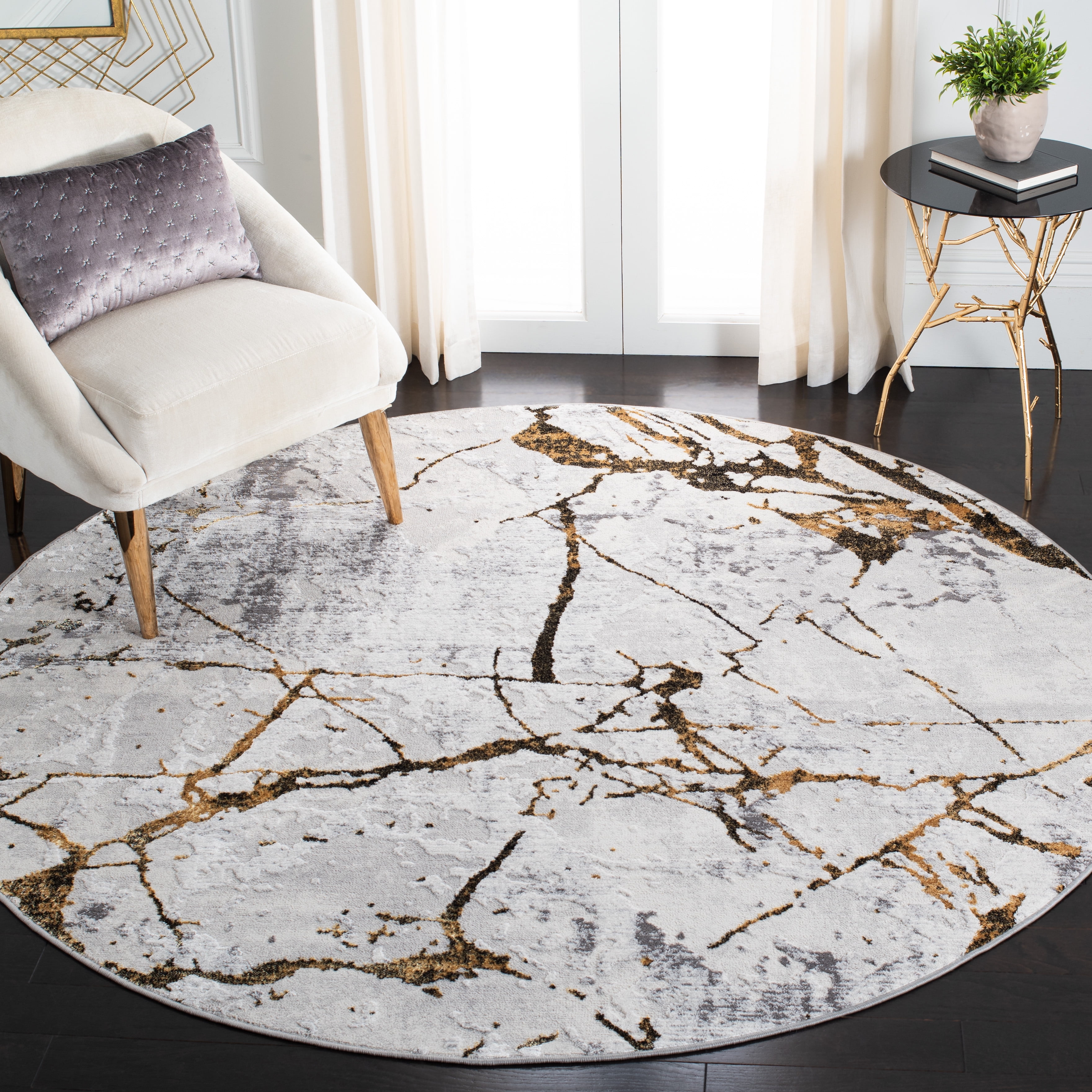 SAFAVIEH Amelia Pemala Abstract Area Rug, Gray/Gold, 12' x 12' Round