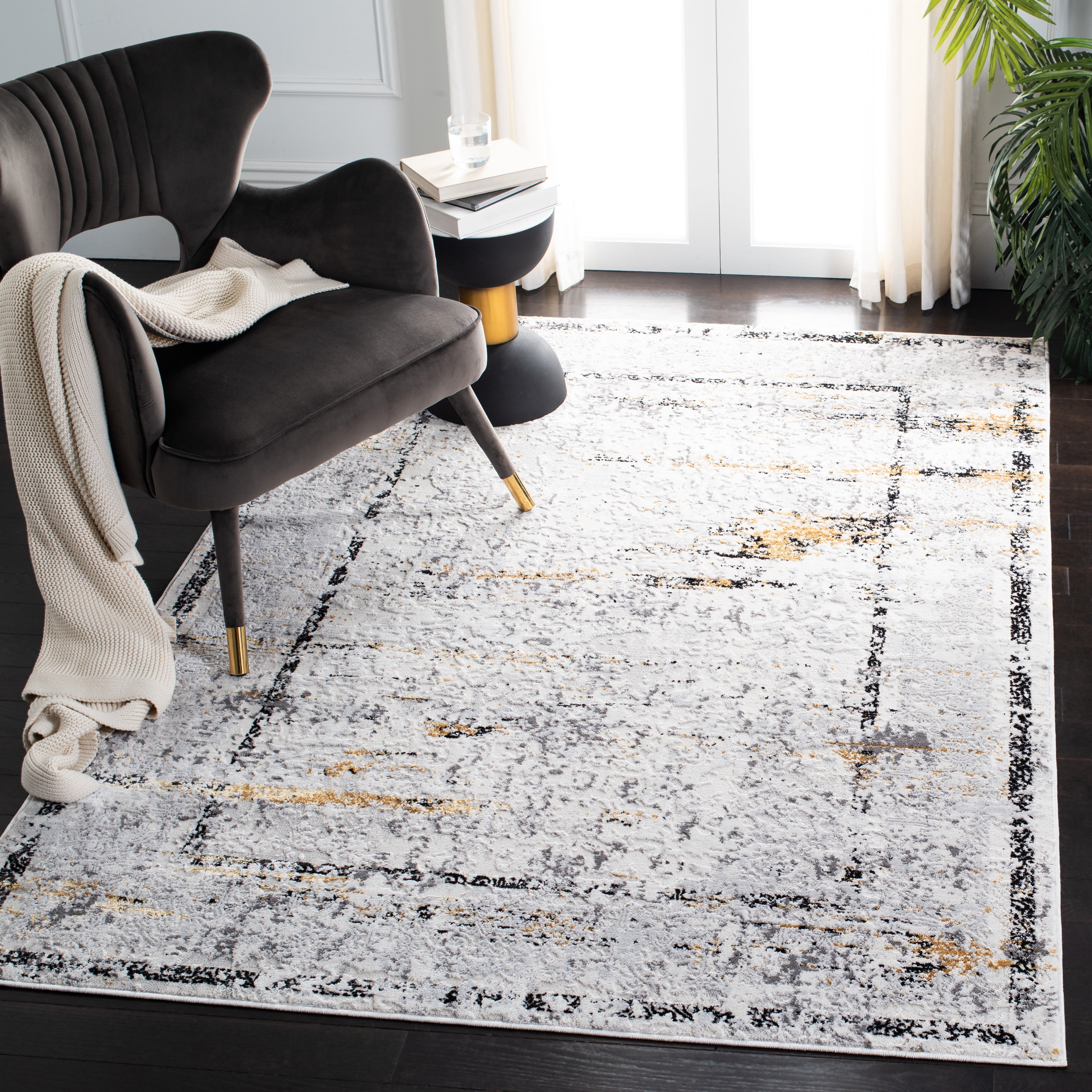 Reversible Grey and Gold Synthetic Area Rug 52" x 78"