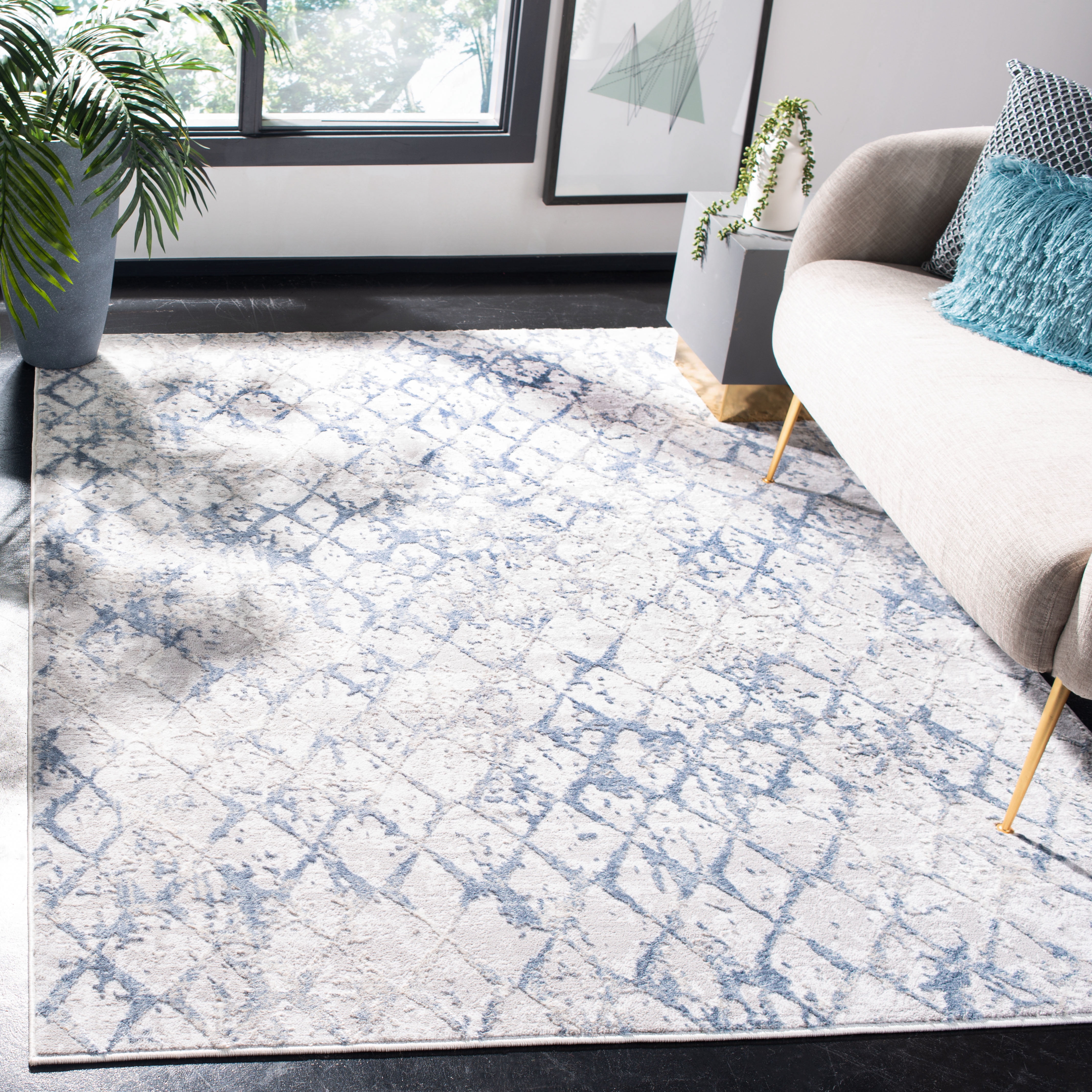 Amelia Light Grey and Blue Trellis Synthetic Area Rug