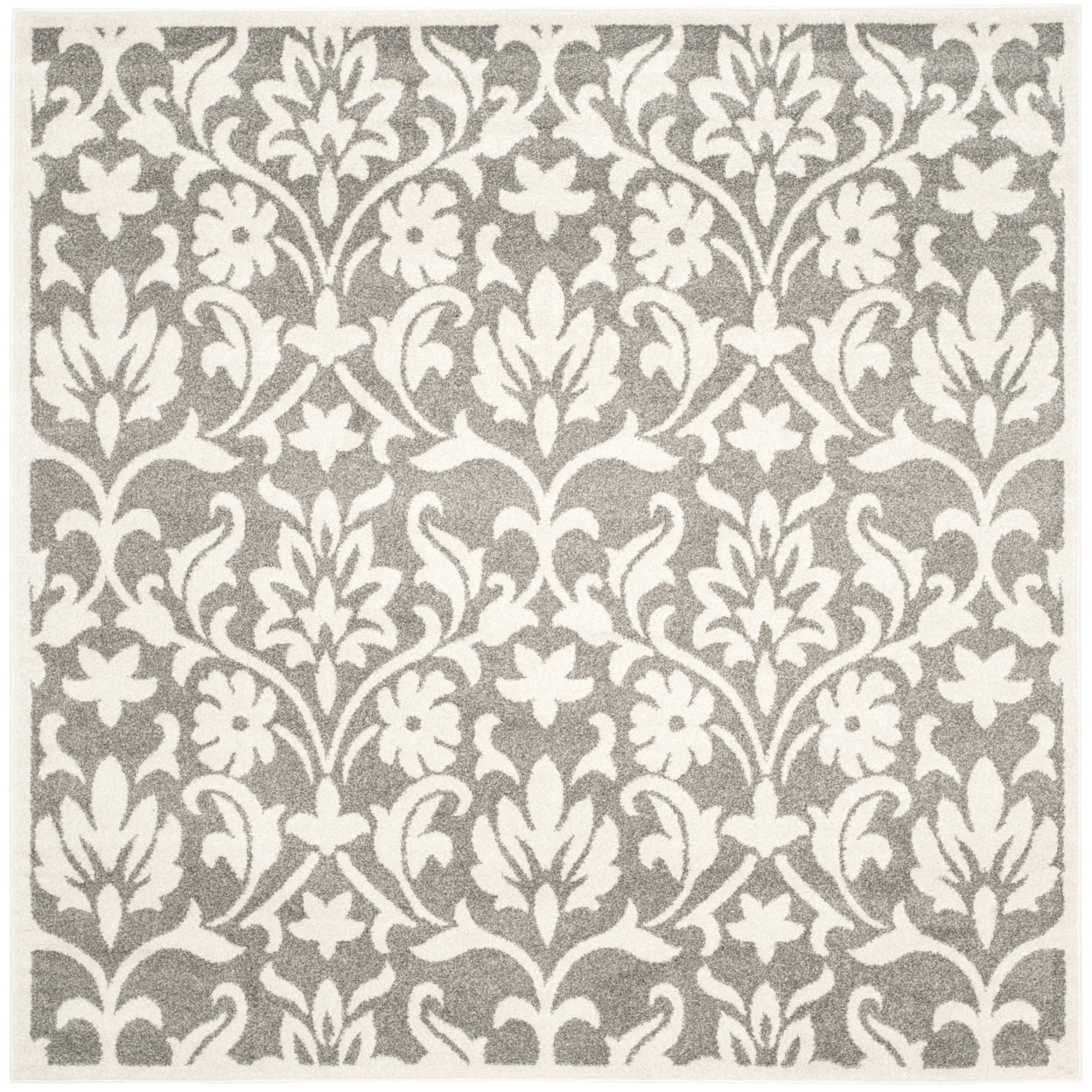 Gray and White Floral Synthetic Square Area Rug