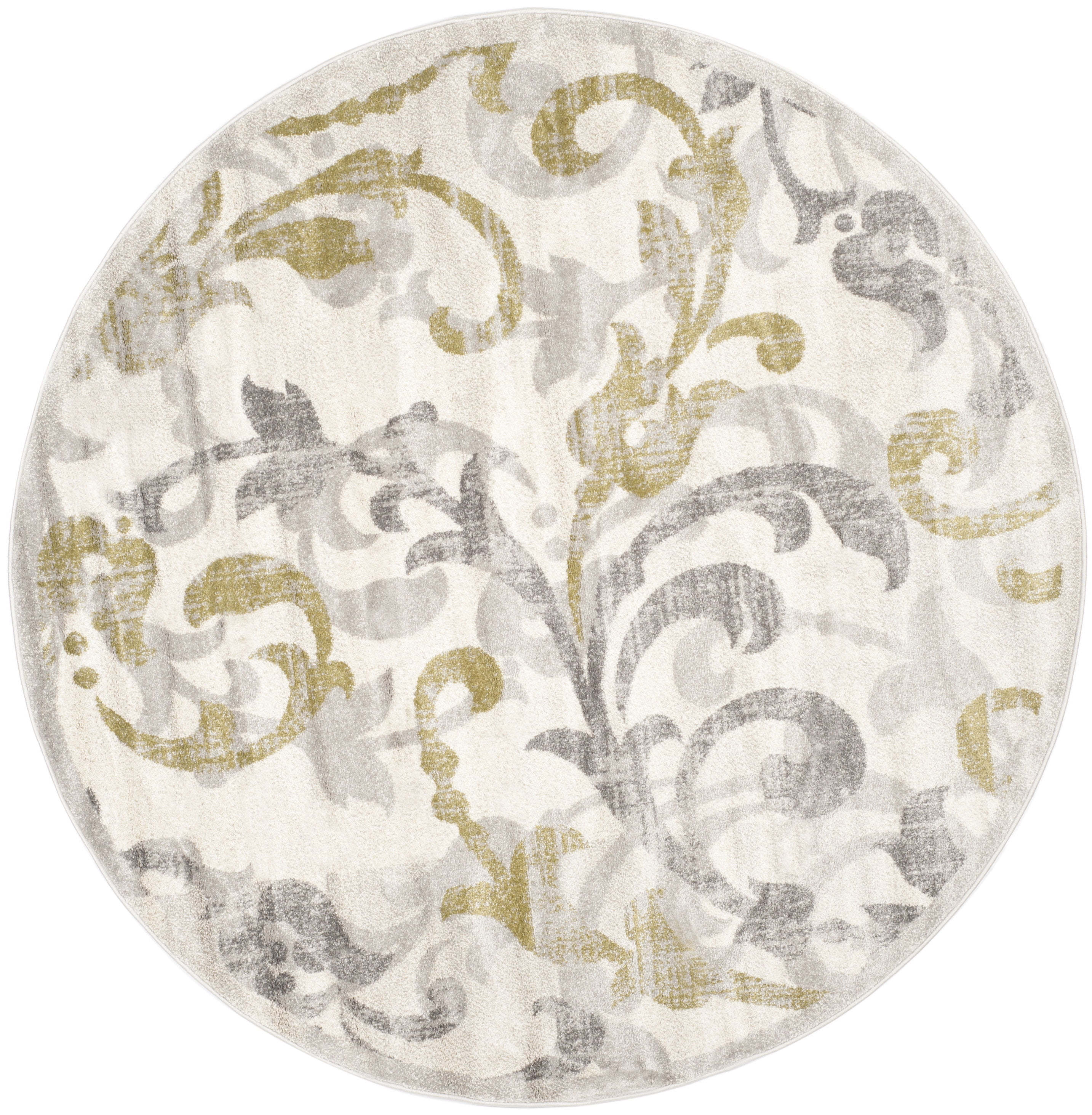 Ivory and Light Grey Round Baroque Print Area Rug