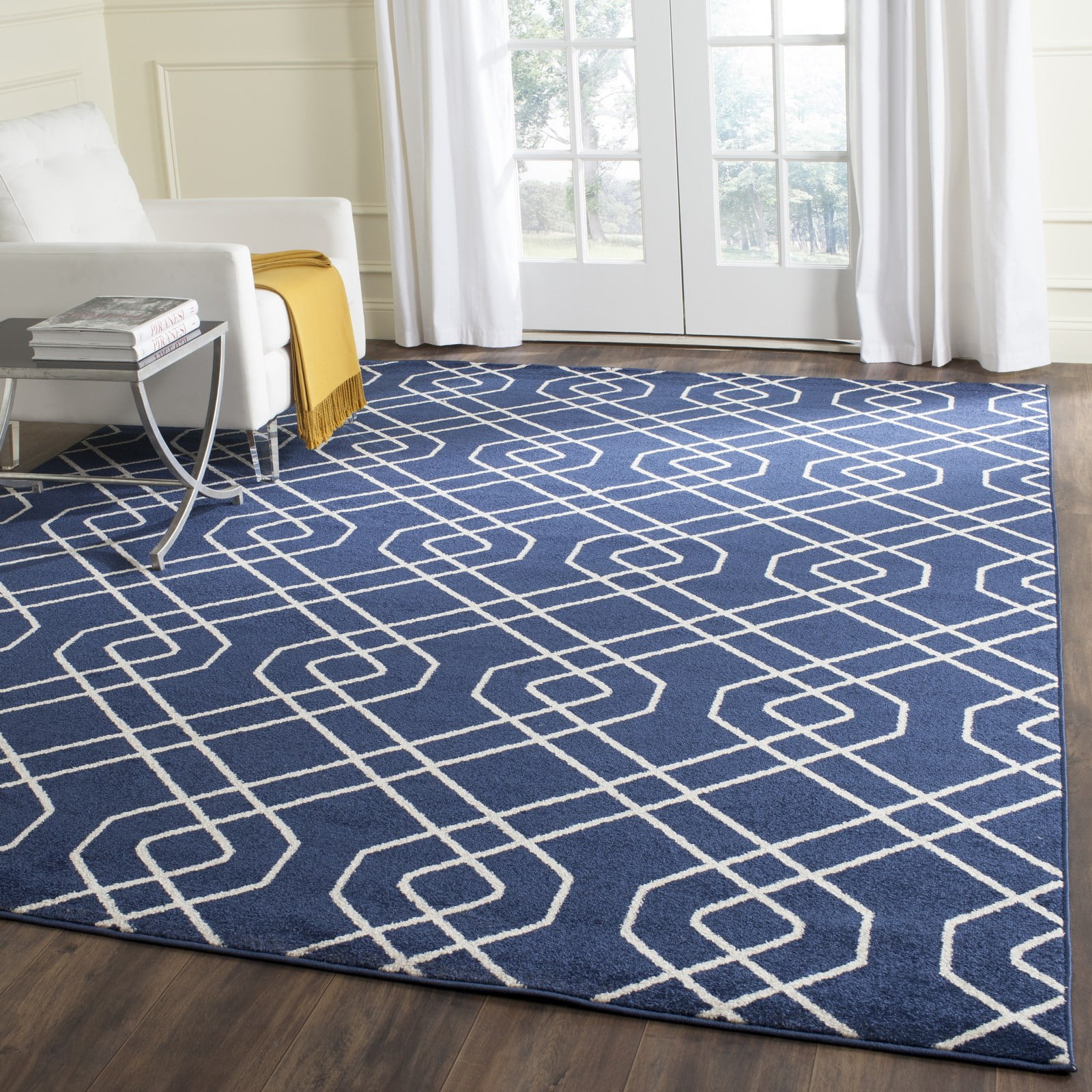Navy and Beige Geometric 8' x 10' Reversible Area Rug