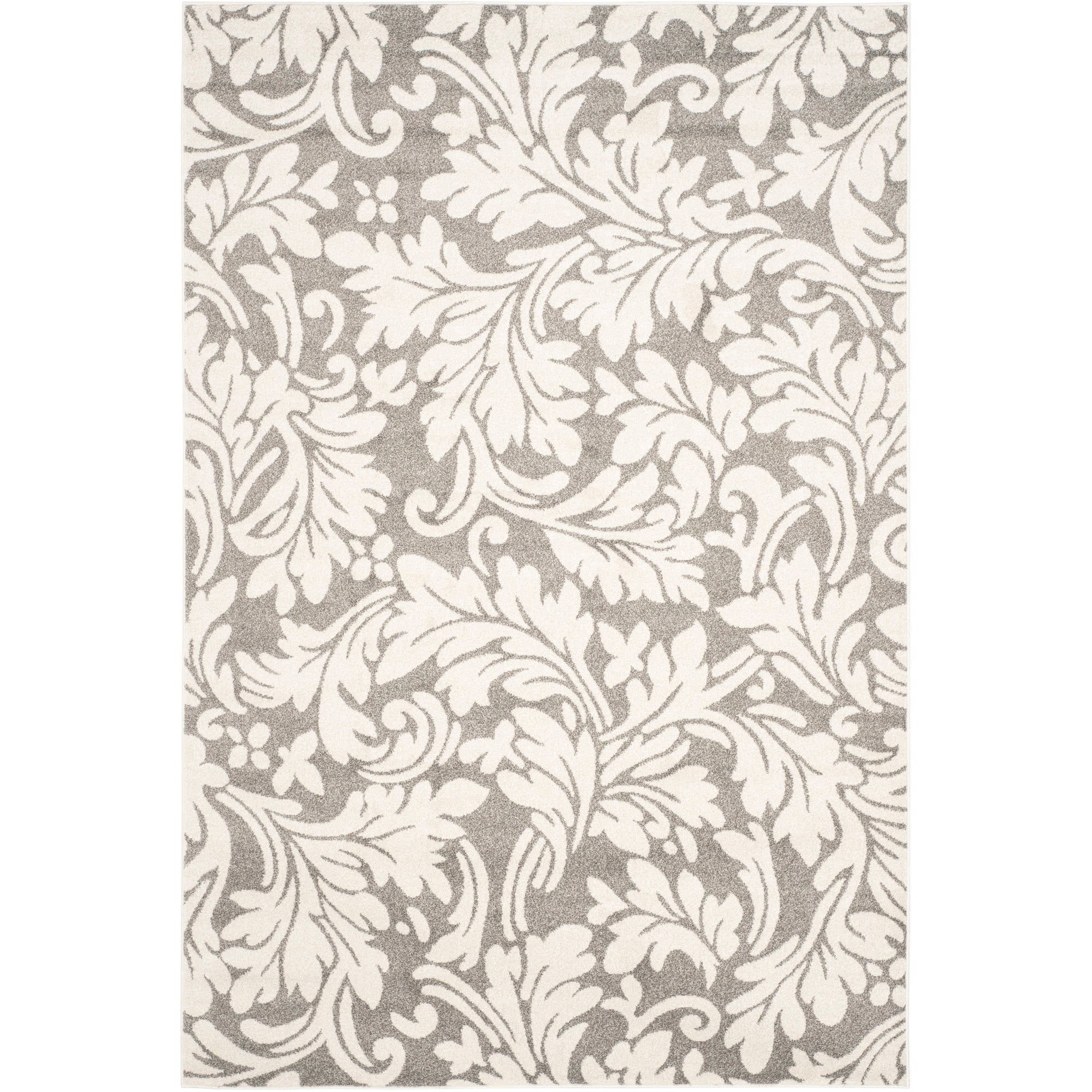 Dark Grey and Beige Floral Synthetic Area Rug
