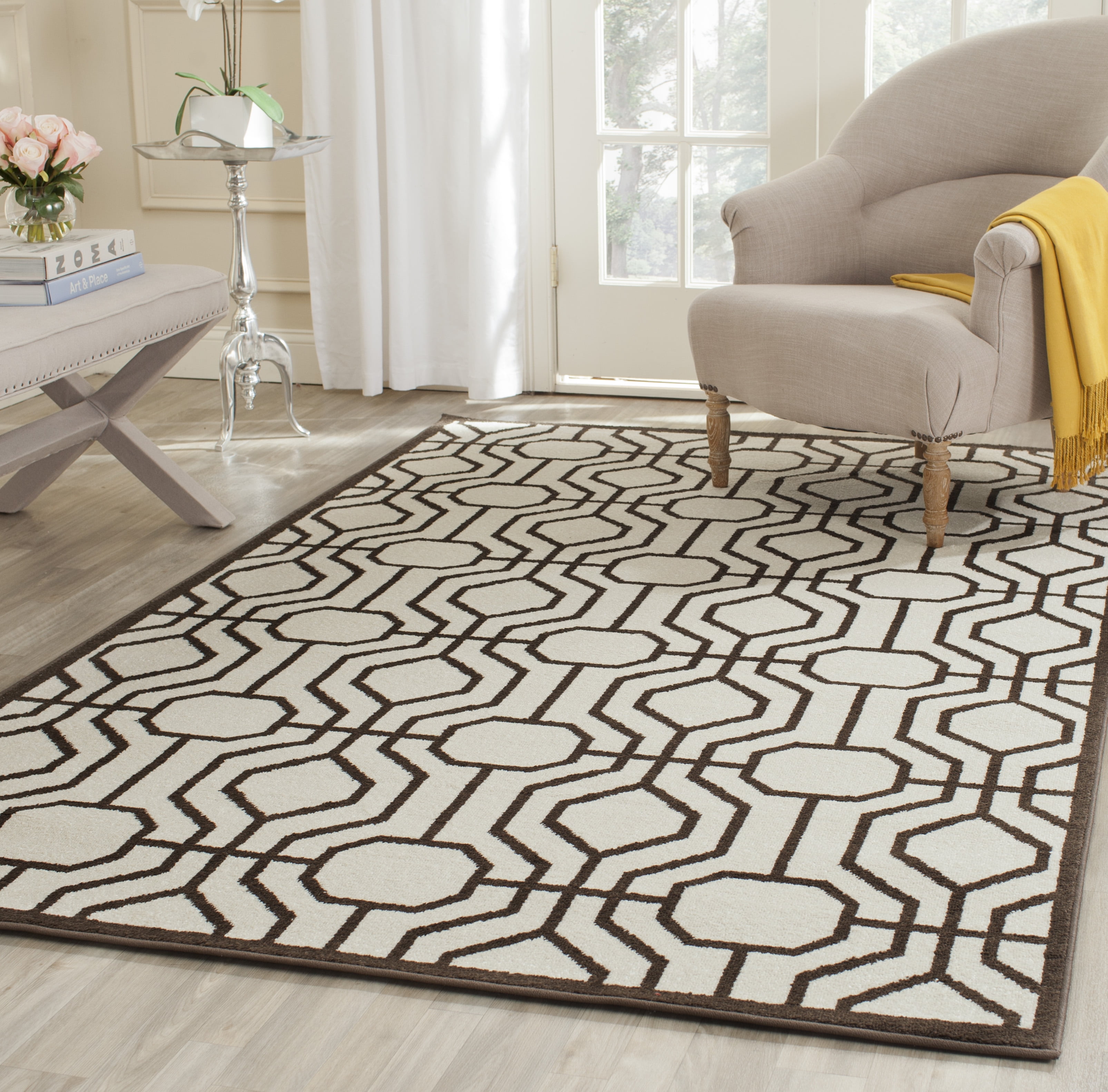 Ivory and Brown Geometric Indoor-Outdoor Area Rug