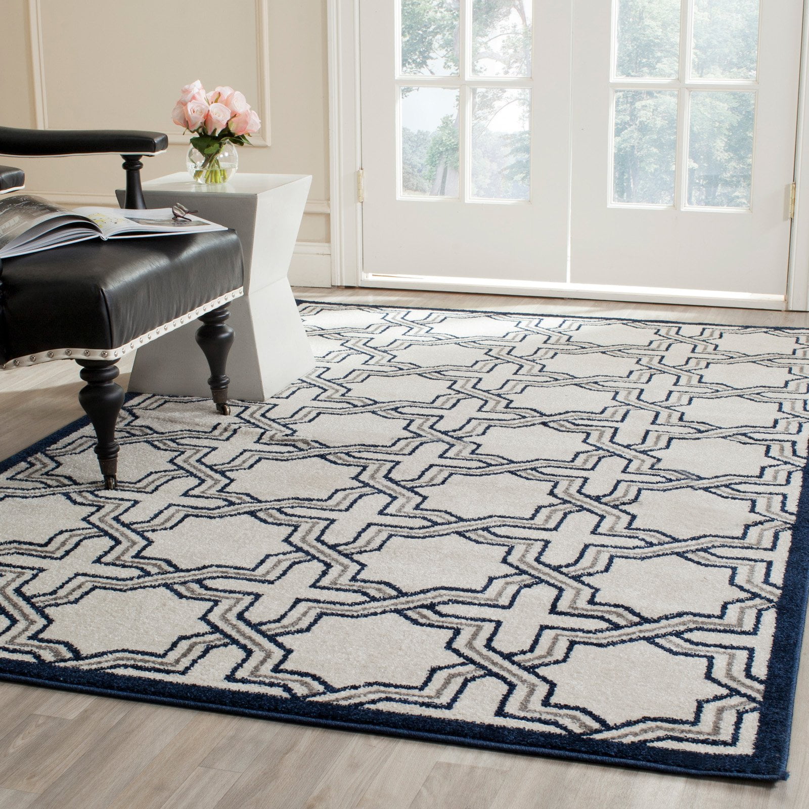 Ivory & Navy Hand-Knotted Geometric Square Synthetic Rug