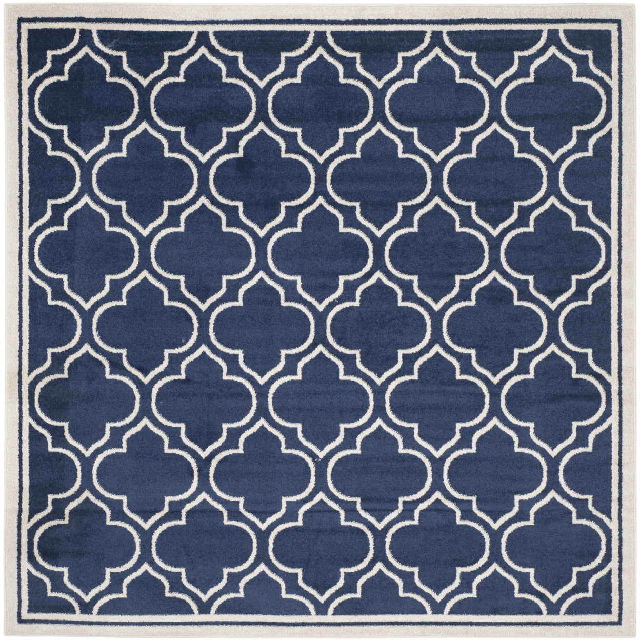 Ivory and Navy Hand-Knotted Square Area Rug, Easy Care 7' x 7'