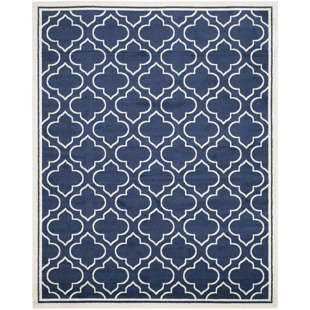 Ivory and Navy Hand-Knotted Square Area Rug, Easy Care 7' x 7'