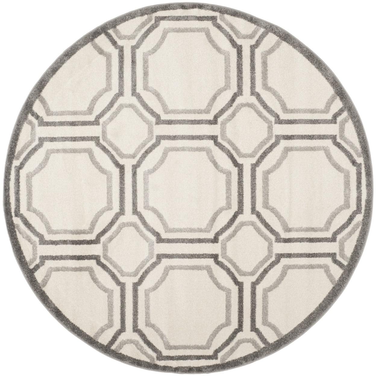 Ivory and Light Grey Round Synthetic Area Rug