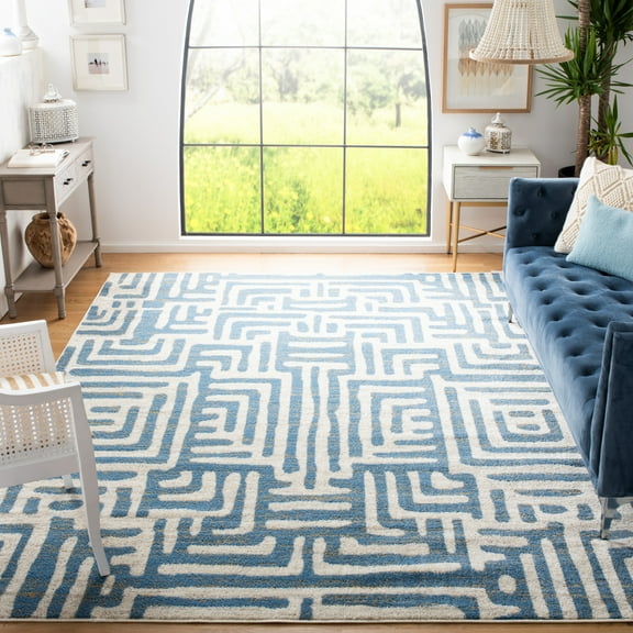 SAFAVIEH Amsterdam Elvan Geometric Area Rug, Ivory/Light Blue, 6'7" x 9'2"
