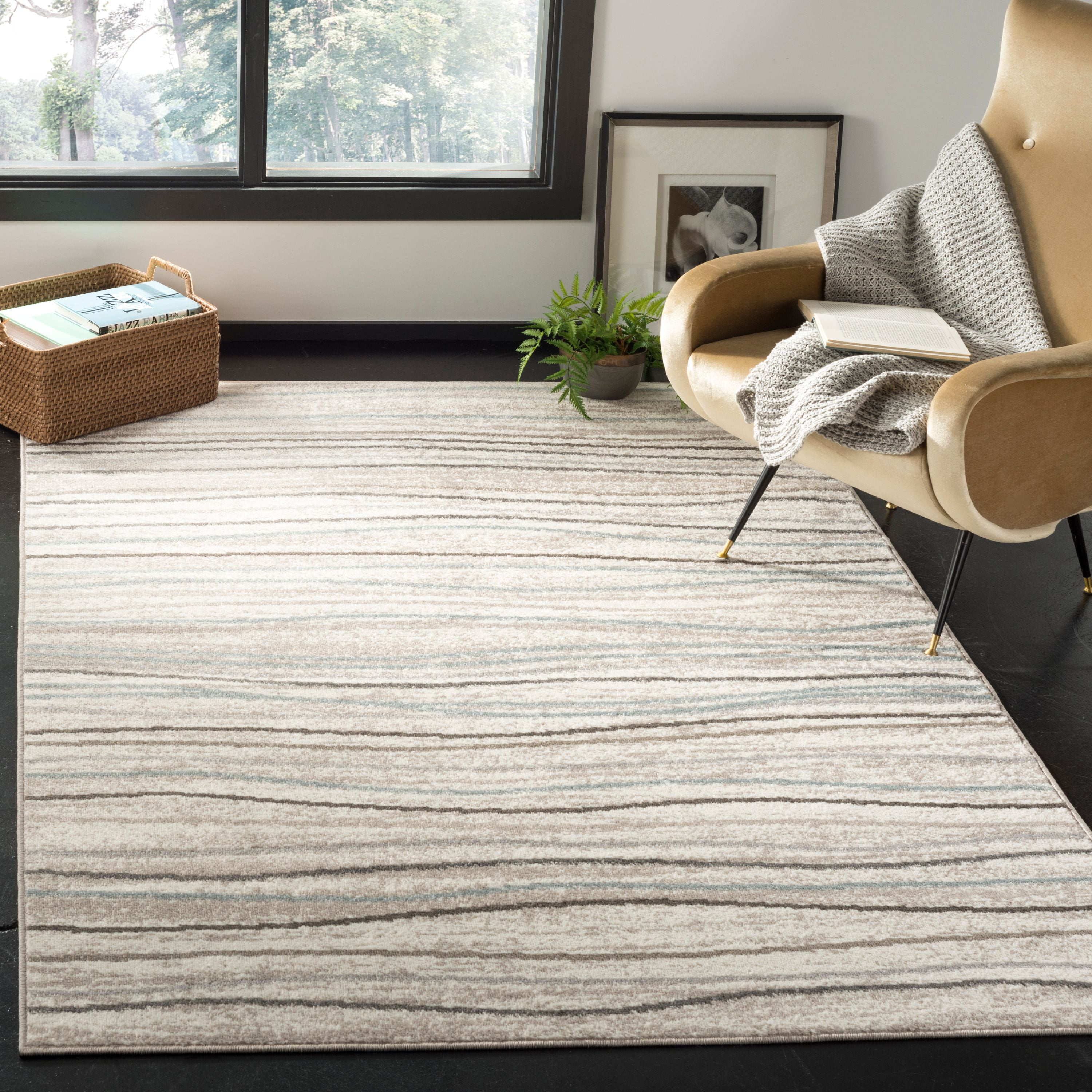 Amsterdam Cream and Beige 3' x 5' Striped Synthetic Area Rug