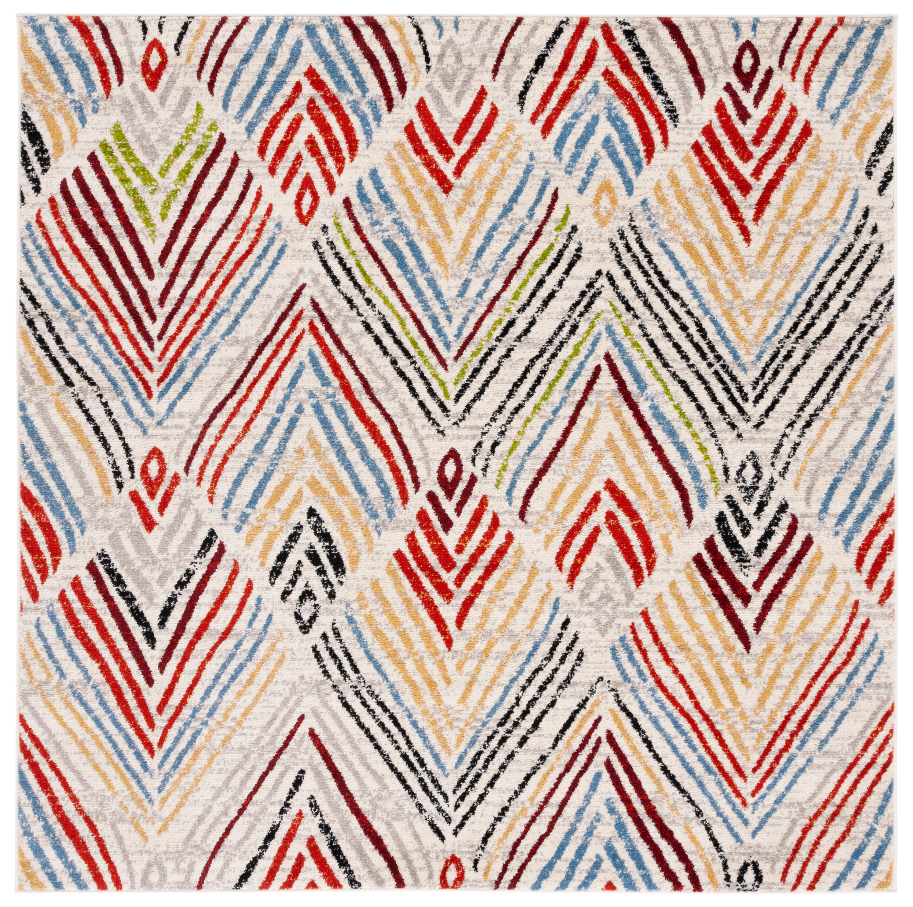 Ivory and Multicolor Square Synthetic Area Rug