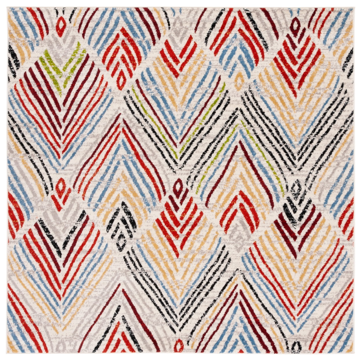 Ivory and Multicolor Square Synthetic Area Rug