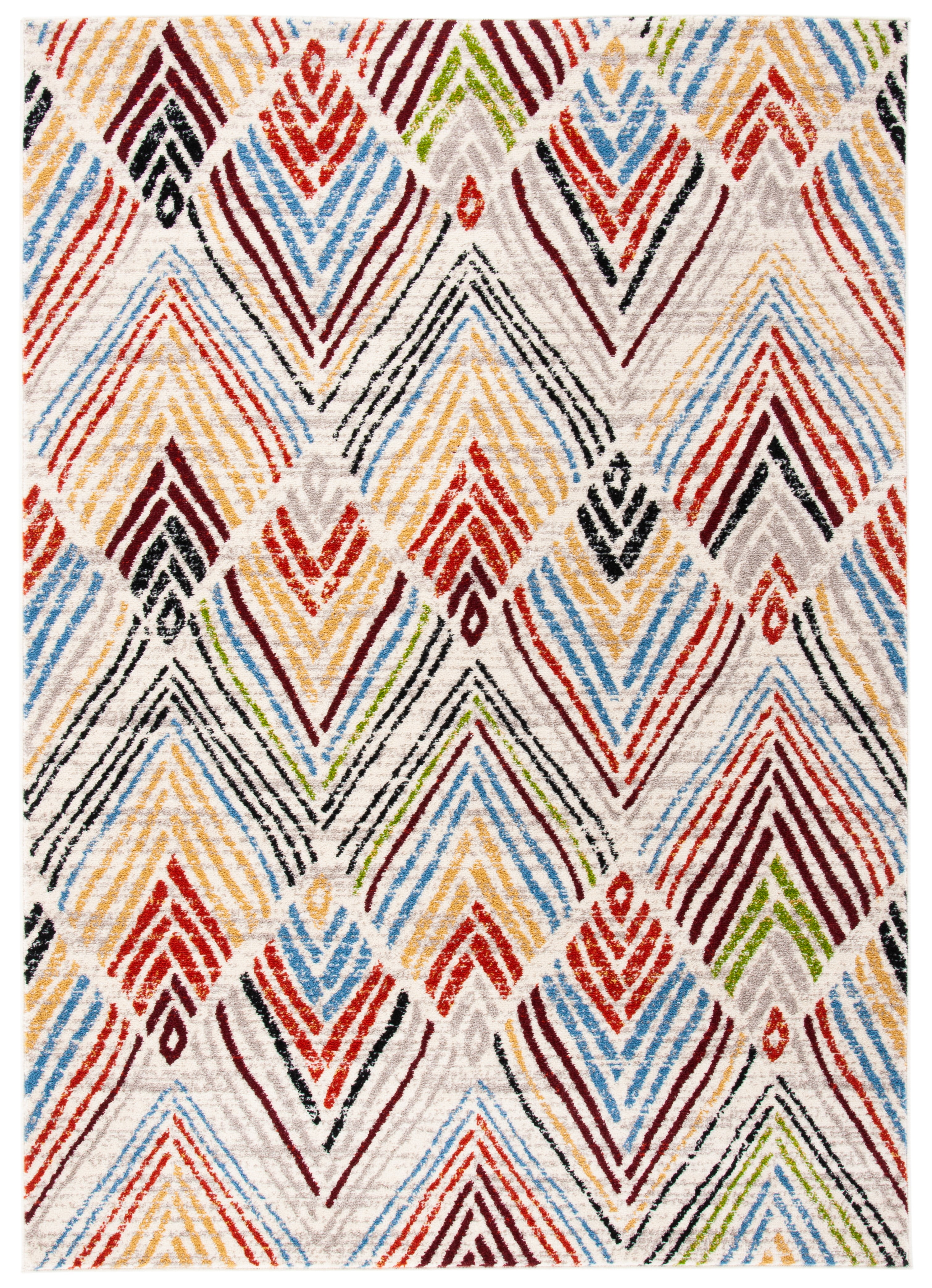 Ivory and Red Geometric Synthetic Rectangular Area Rug