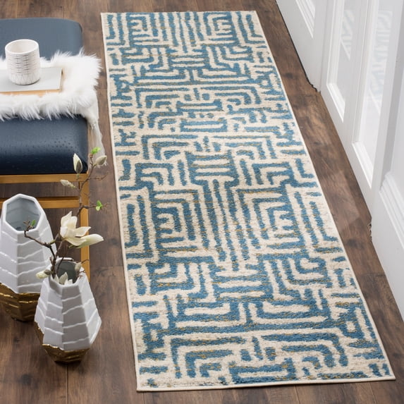 SAFAVIEH Amsterdam Elvan Geometric Runner Rug, Ivory/Light Blue, 2'3" x 8'
