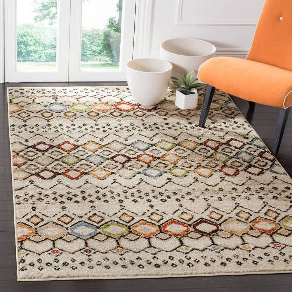 Ivory and Multi Geometric 5' x 7' Synthetic Easy Care Rug