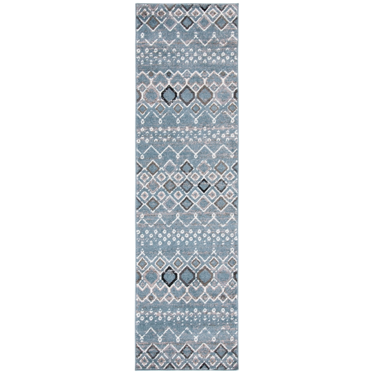 Blue and Ivory Geometric Hand-knotted Runner Rug