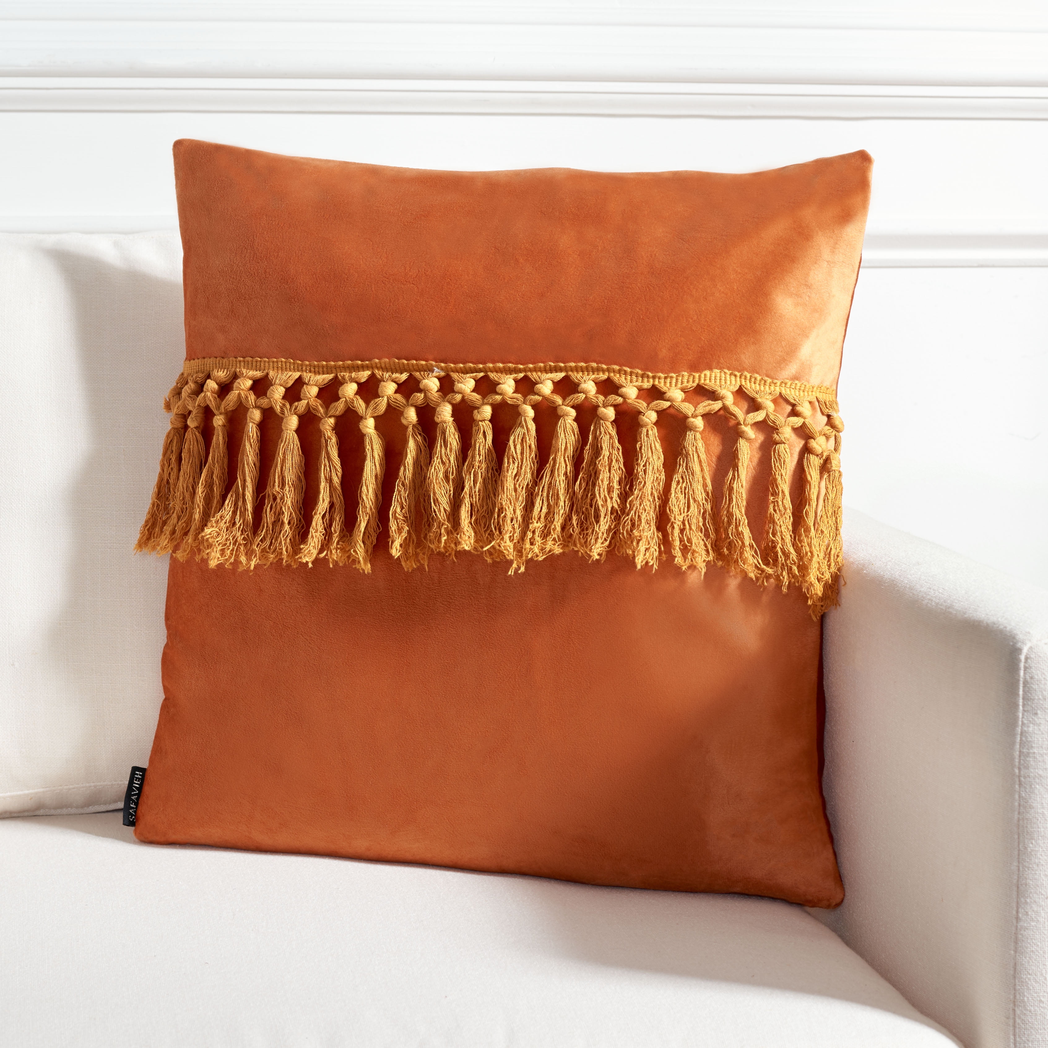 Orange Square Tassel Fringe Throw Pillow 18" x 18"