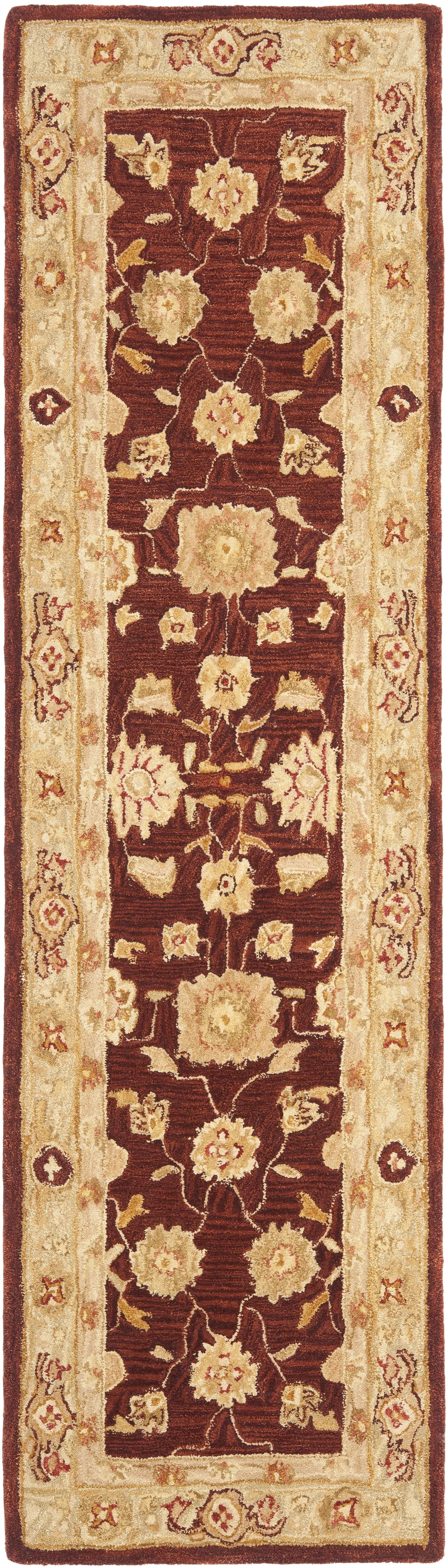 Handmade Red and Sage Wool Runner Rug with Floral Motifs