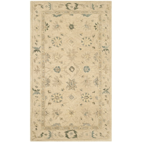 SAFAVIEH Anatolia Madisyn Floral Bordered Wool Area Rug, Taupe/Blue, 2' x 3'