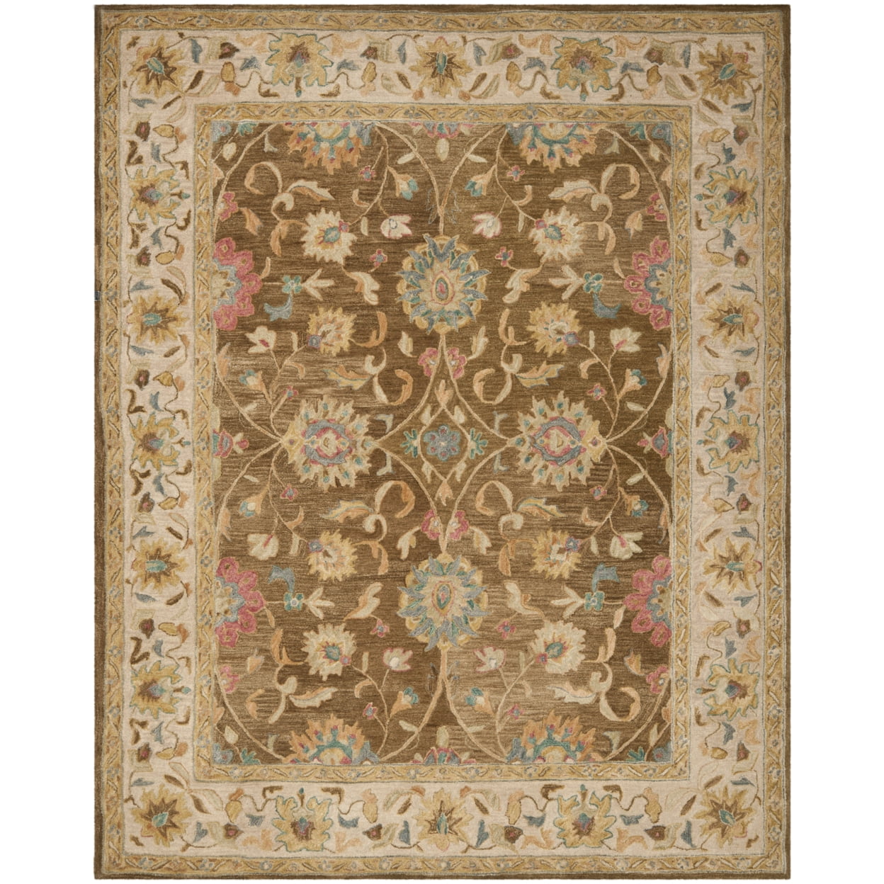 Hand-Tufted Brown and Ivory Wool Floral Area Rug, 5' x 8'