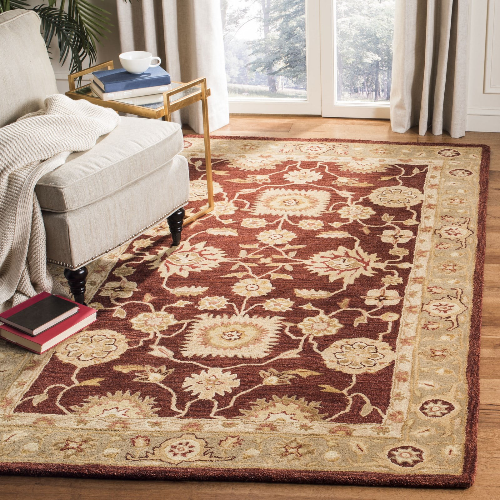 Hand-Tufted Red and Sage Wool Area Rug, 6' x 9'